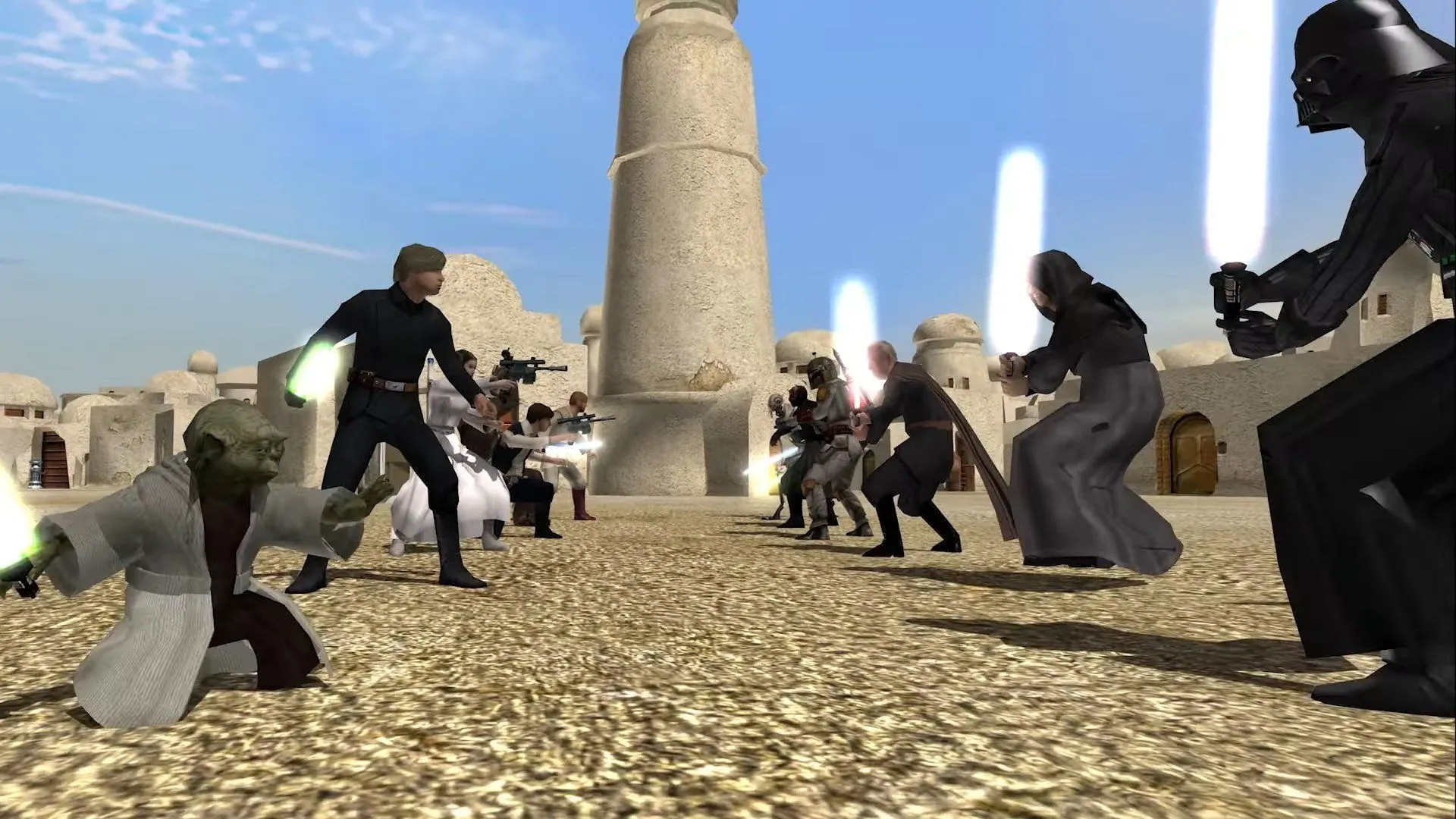 Cảnh các anh hùng và nhân vật phản diện Star Wars xuất hiện trong Battlefront II (2005)
