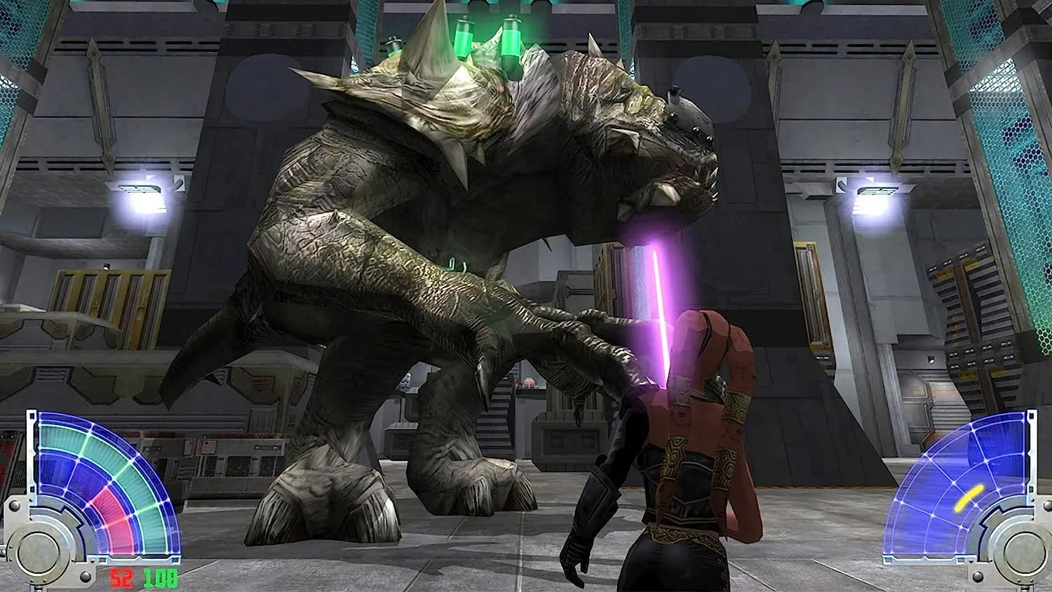 Cảnh chiến đấu lightsaber trong game Star Wars: Jedi Knight – Jedi Academy, nổi tiếng với hệ thống chiến đấu phức tạp.