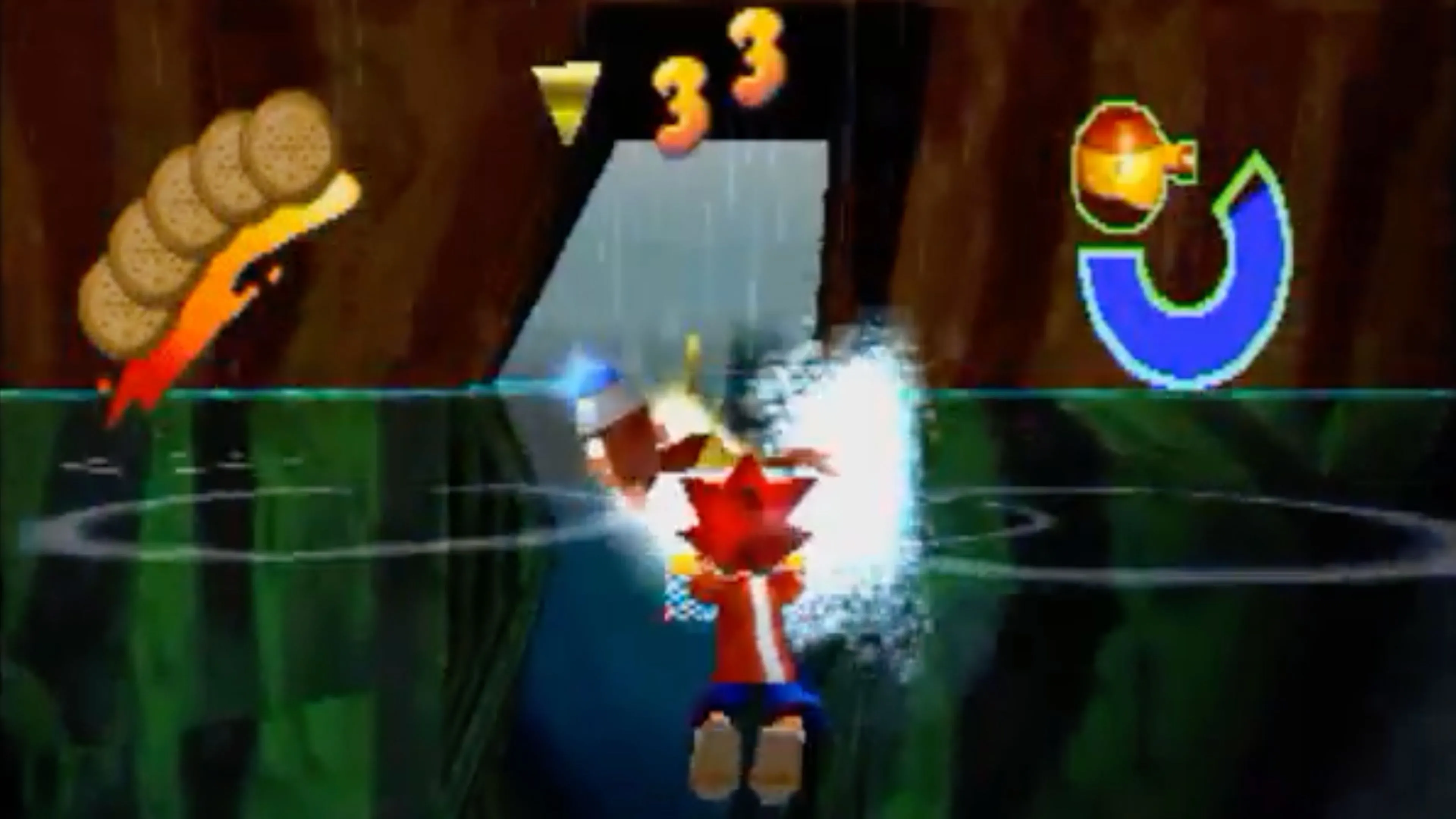 Cảnh chơi game Ape Escape với nhân vật chính và chú khỉ đột biến