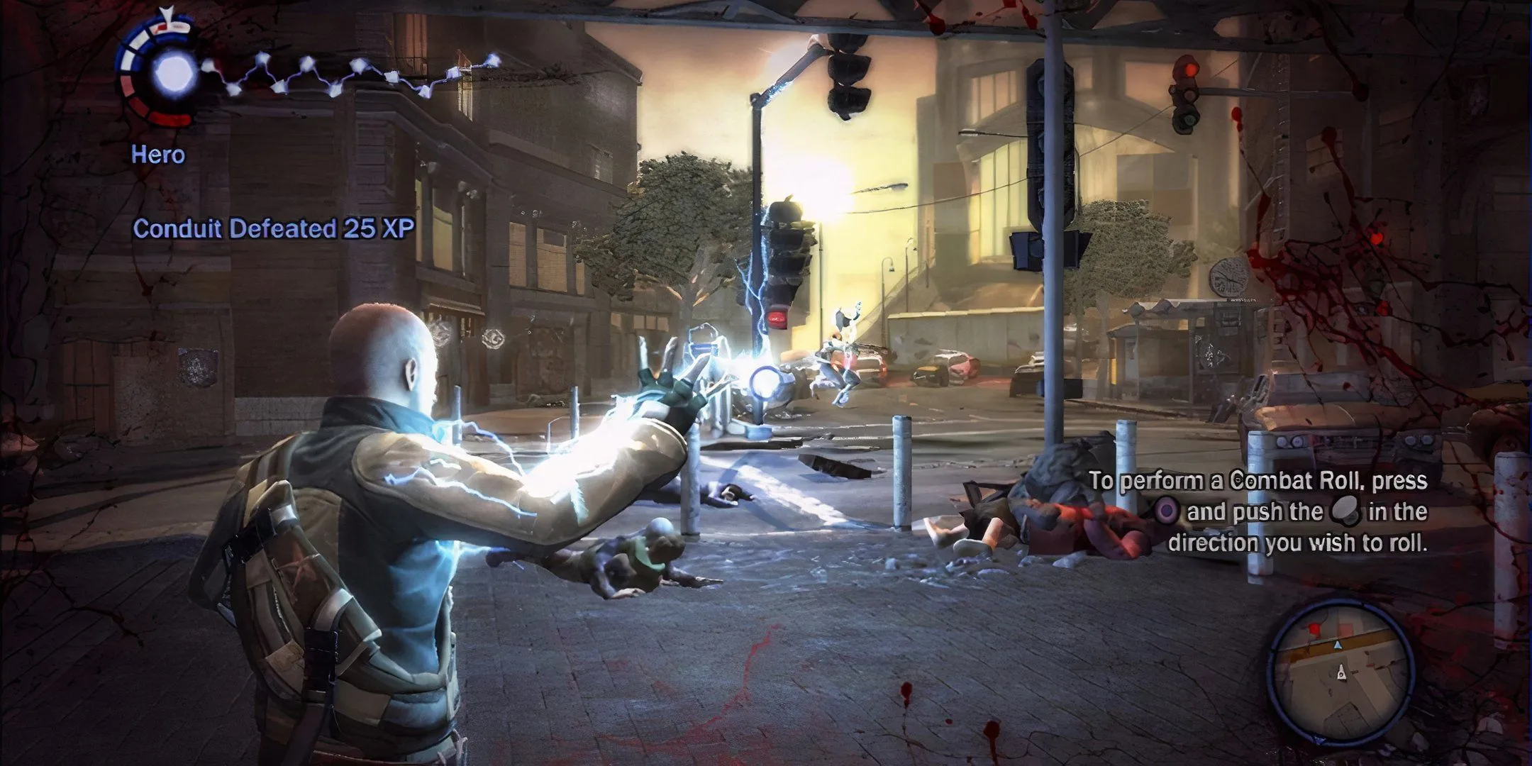 Cảnh chơi game Infamous với Cole MacGrath sử dụng siêu năng lực