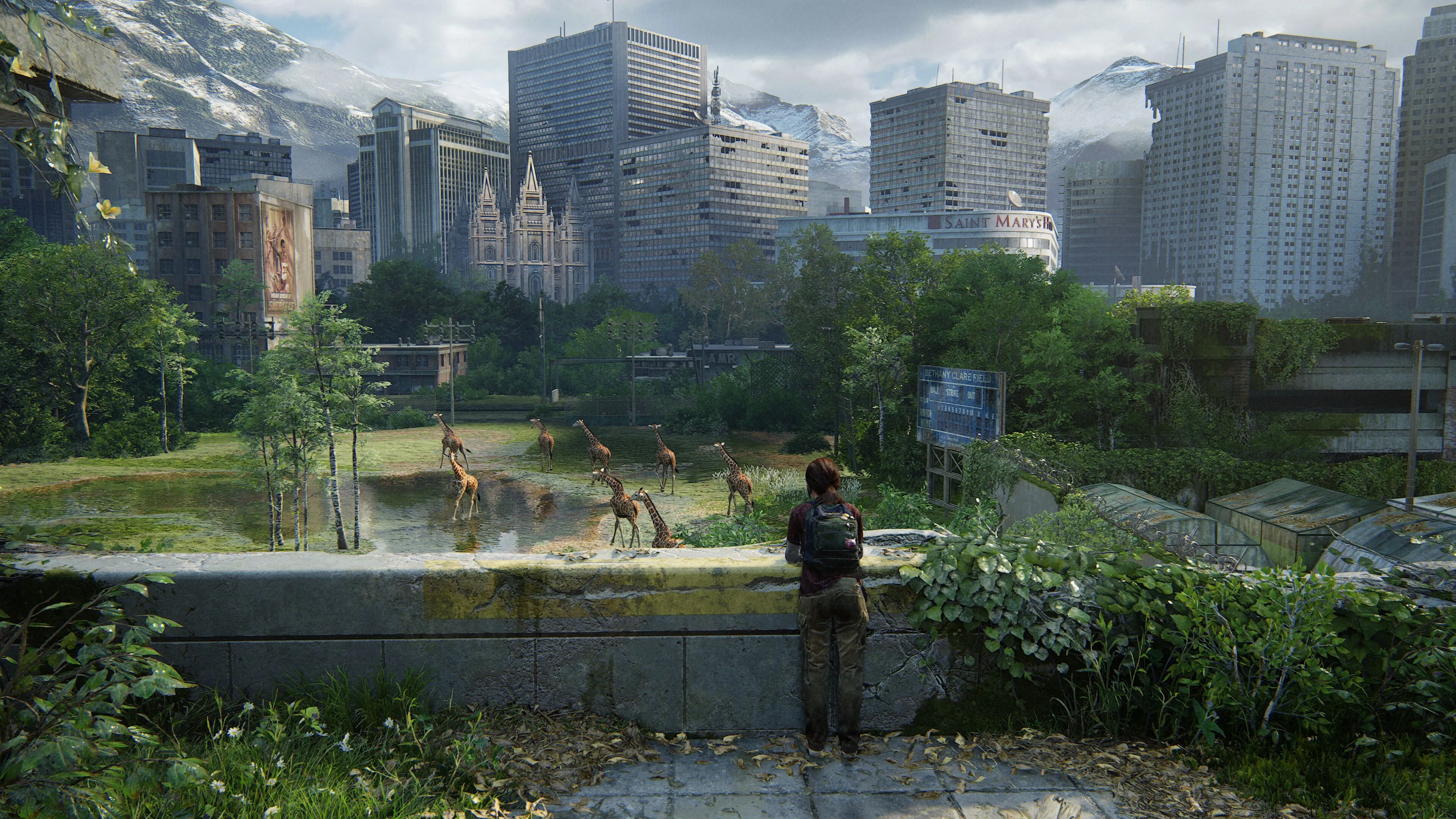Cảnh Ellie với đàn hươu cao cổ trong The Last of Us: Part 1, minh họa một bản remake với ít thay đổi so với bản gốc.