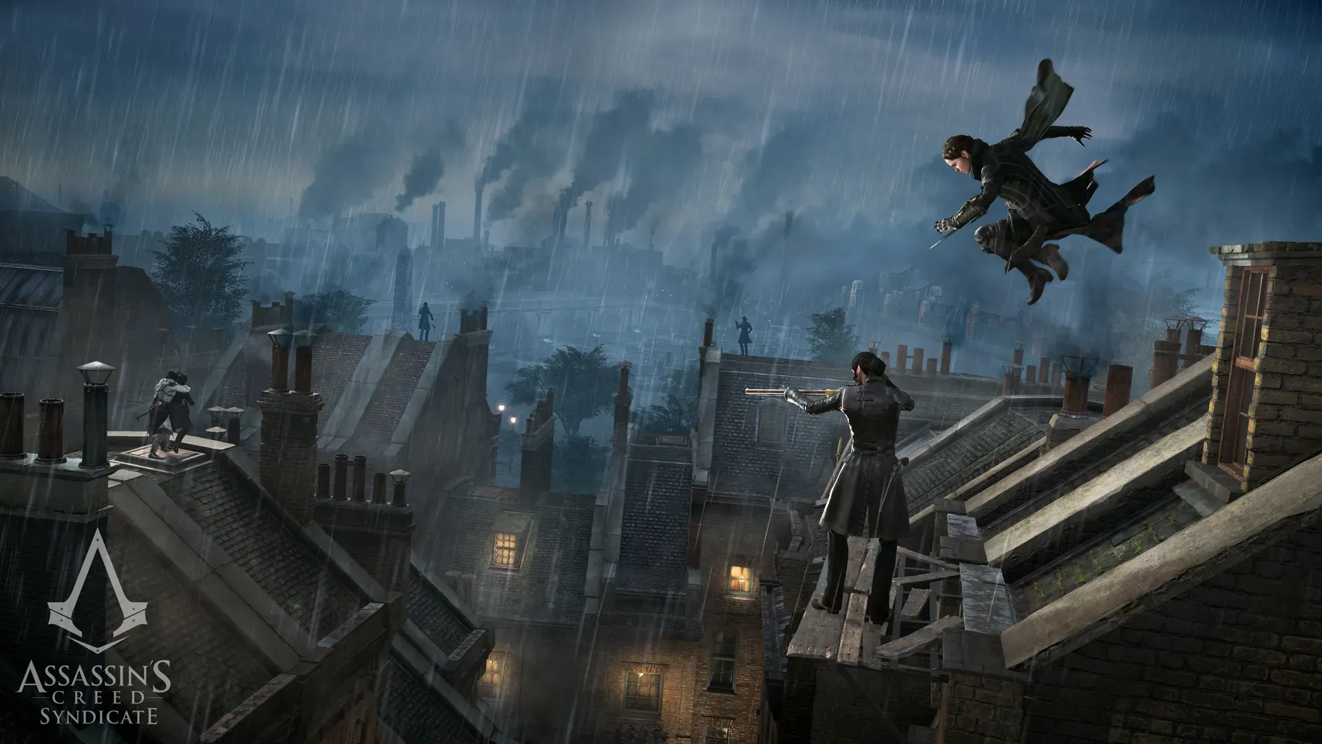 Cảnh Jacob Frye và Evie Frye trên mái nhà giữa khung cảnh London thời Victoria trong Assassin's Creed Syndicate