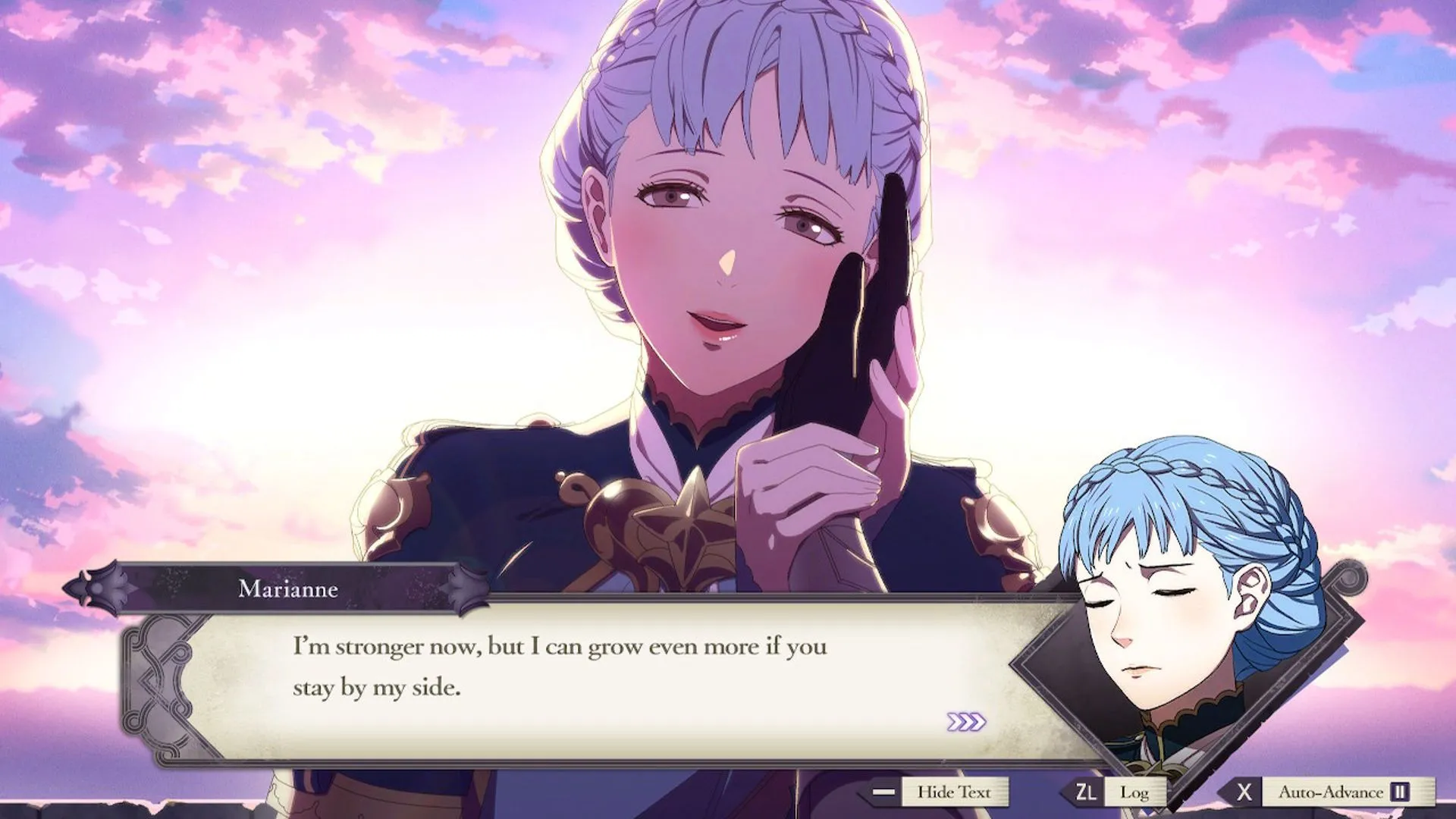 Cảnh lãng mạn giữa Byleth và Marianne trong Fire Emblem: Three Houses, mang lại niềm vui và sự hài lòng khi thấy nhân vật đạt được hạnh phúc.