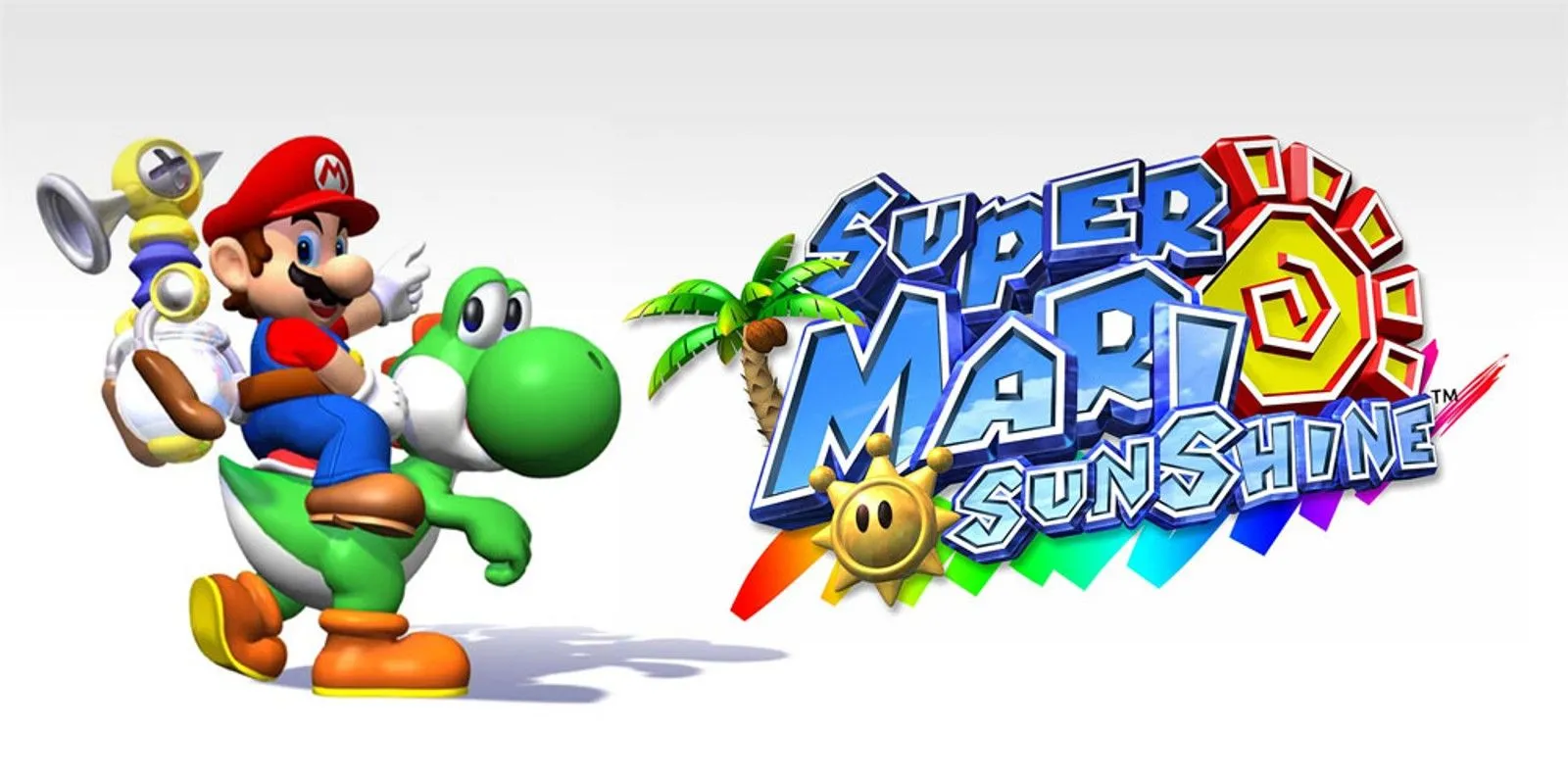 Cảnh Mario sử dụng thiết bị FLUDD phun nước trên hòn đảo Delfino trong game Super Mario Sunshine cho hệ máy GameCube.