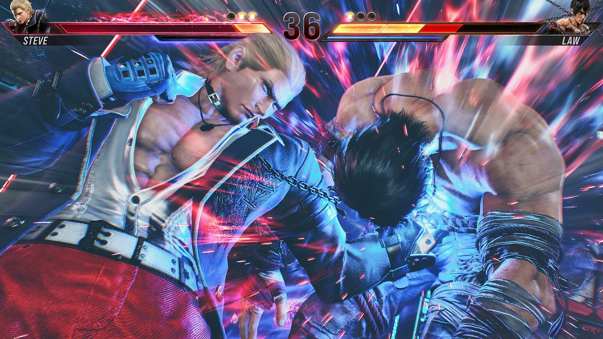 Cảnh Steve Fox tung cú đấm vào Marshall Law trong Tekken 8, minh họa đồ họa và hành động đỉnh cao của game đối kháng
