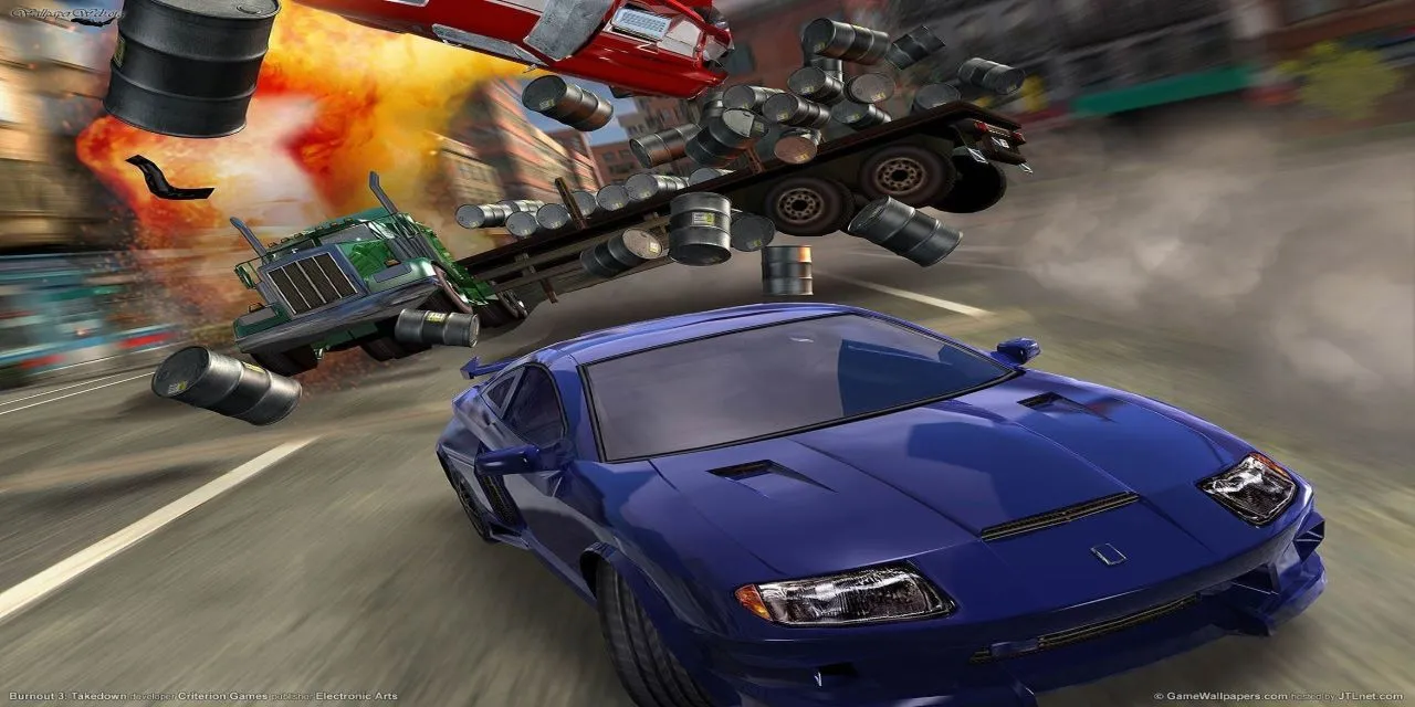 Cảnh takedown ấn tượng trong gameplay Burnout 3 Takedown