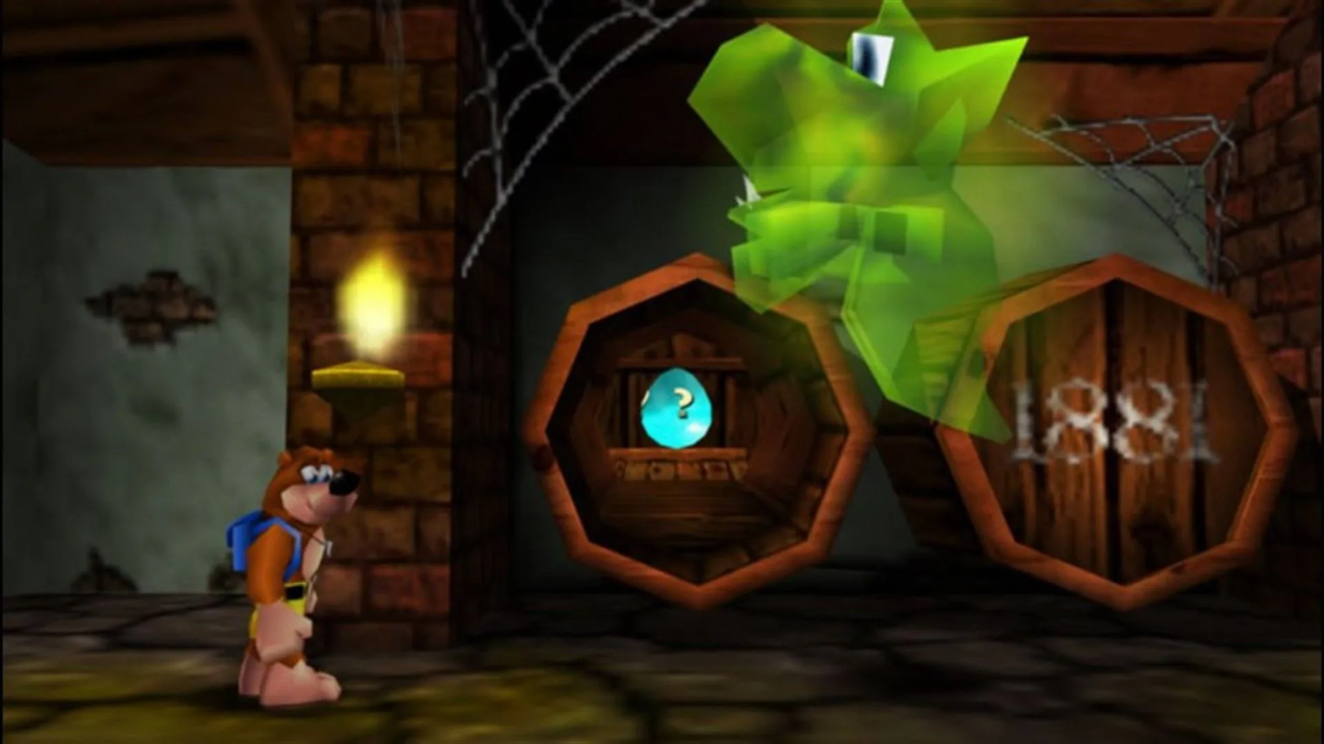 Cặp đôi Banjo và Kazooie nhìn chằm chằm vào một linh hồn xanh trong tựa game platformer Banjo-Kazooie.