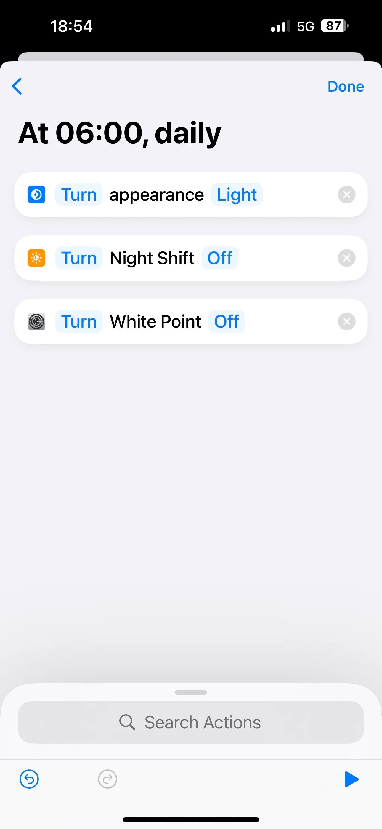 Cấu hình các tác vụ để tắt Chế độ Tối, Night Shift và Giảm Điểm Trắng trong tự động hóa Phím tắt.