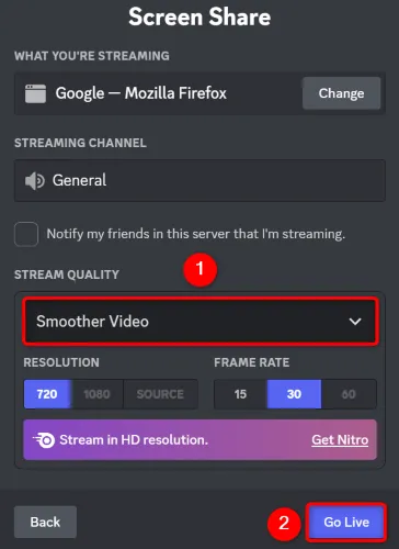 Cấu hình cài đặt chất lượng stream và nhấn &quot;Go Live&quot; để bắt đầu chia sẻ màn hình Discord.