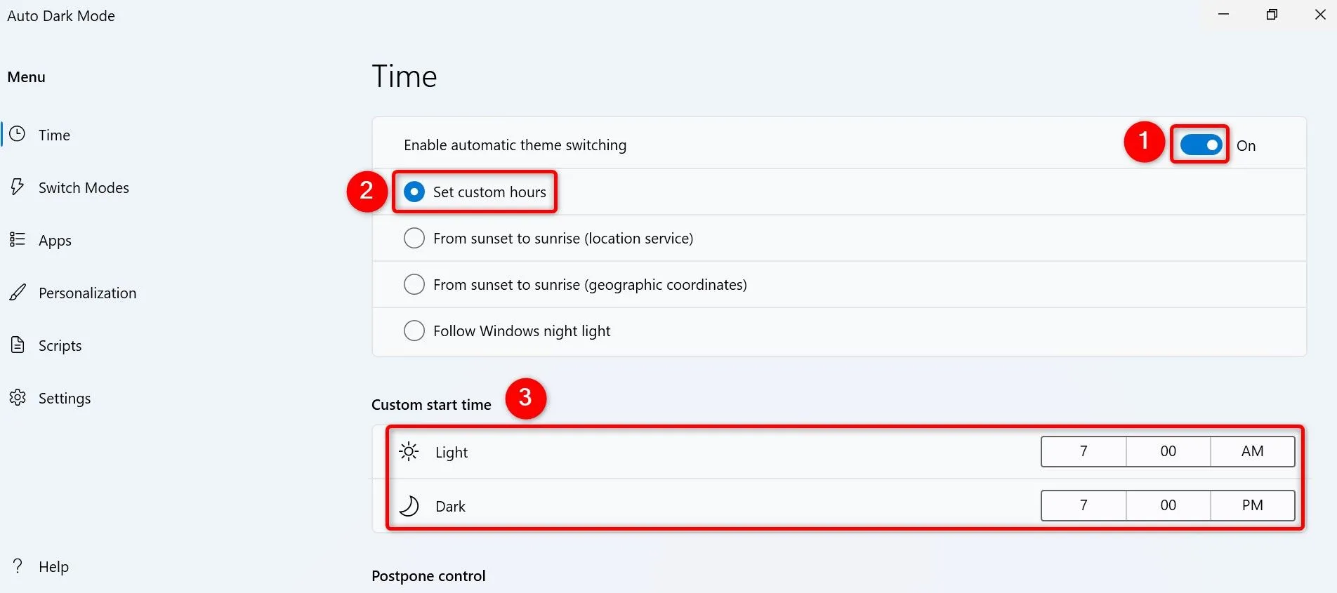 Cấu hình thời gian tự động chuyển đổi chế độ sáng tối trong ứng dụng Auto Dark Mode.