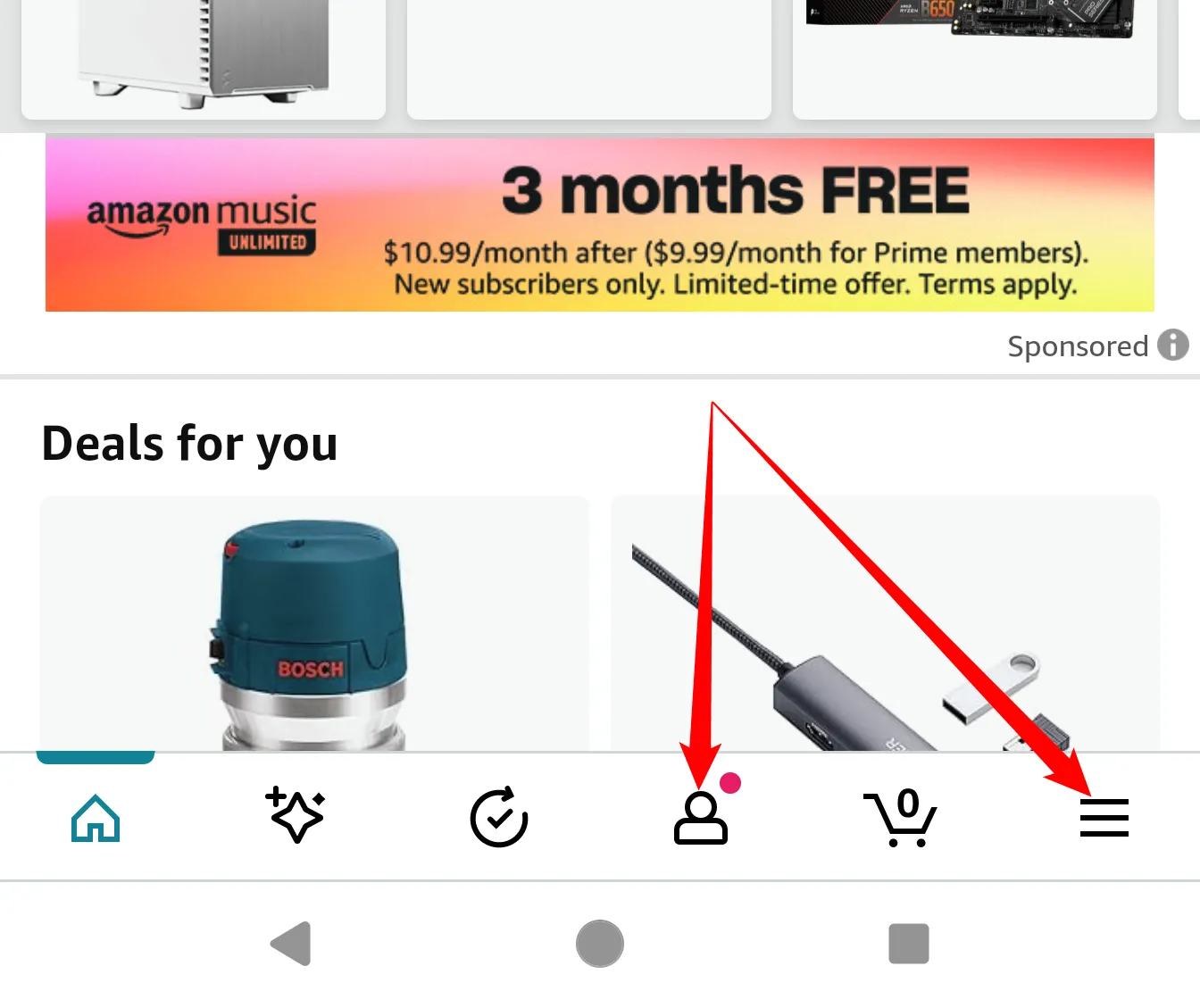 Chạm vào biểu tượng tài khoản cá nhân hoặc menu ba gạch ngang trong ứng dụng Amazon trên di động