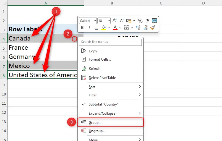 Chọn Canada, Mexico, và USA trong PivotTable và sử dụng tùy chọn &quot;Group&quot; để nhóm các quốc gia này lại.