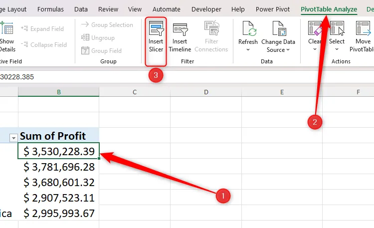 Chọn &quot;Insert Slicer&quot; trong tab PivotTable Analyze để thêm bộ lọc tương tác vào bảng tổng hợp.
