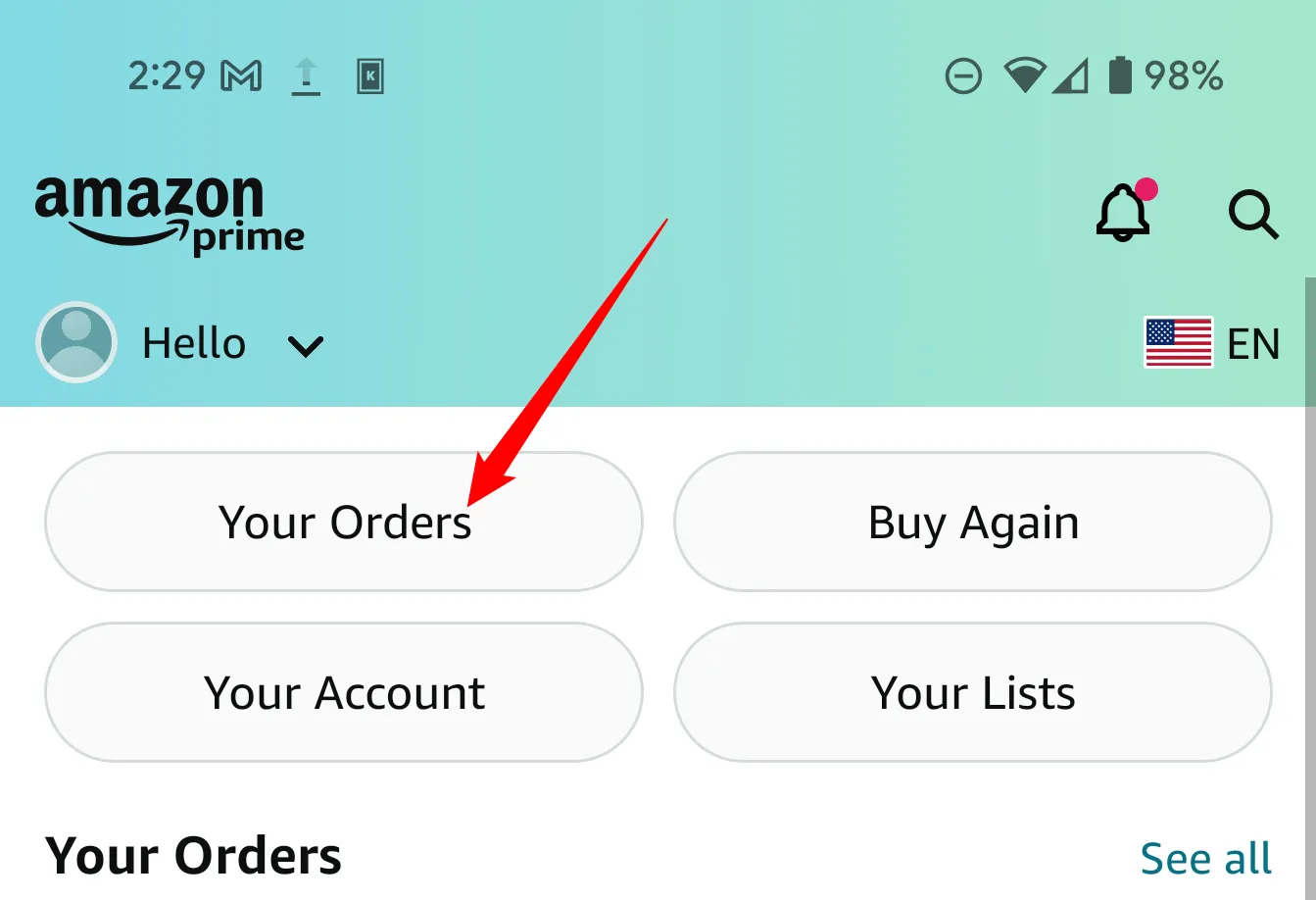 Chọn mục Your Orders trong ứng dụng Amazon để truy cập lịch sử đơn hàng của bạn