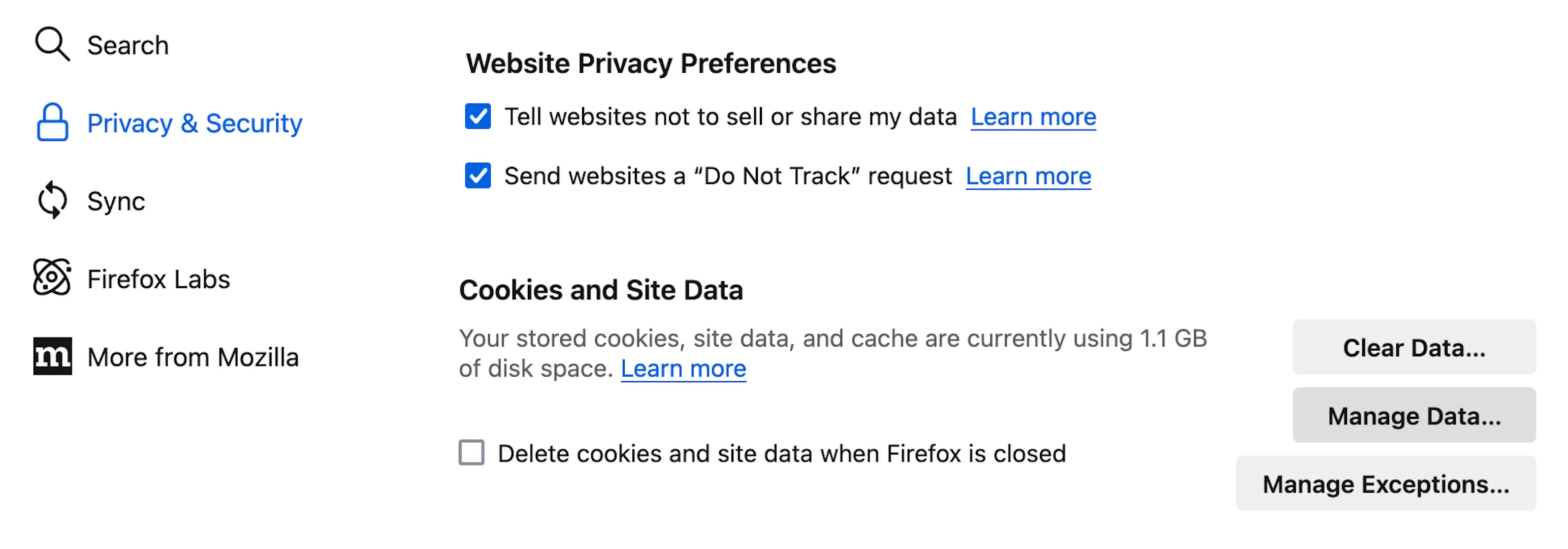 Chọn &quot;Quản lý Dữ liệu&quot; trong mục &quot;Cookies và Dữ liệu trang web&quot; của cài đặt Firefox