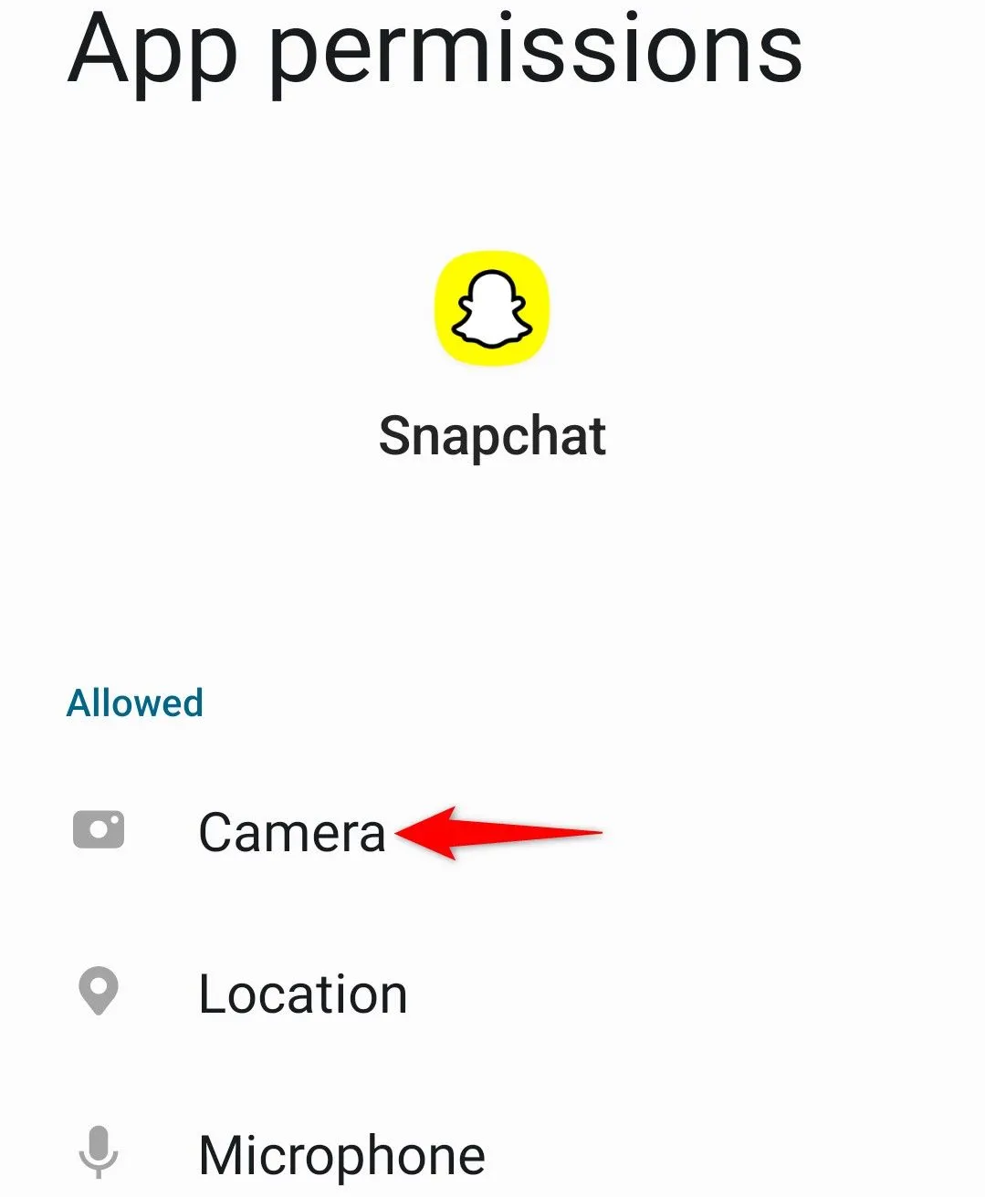 Chọn quyền Camera trong danh sách quyền của Snapchat trên Android