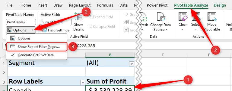 Chọn &quot;Show Report Filter Pages&quot; trong tab PivotTable Analyze để tự động tạo báo cáo riêng cho từng bộ lọc.