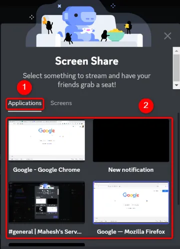Chọn tab &quot;Applications&quot; và cửa sổ ứng dụng cụ thể để chia sẻ trên Discord.
