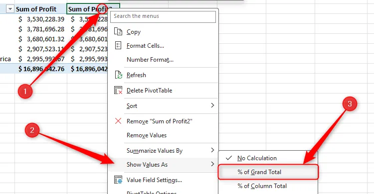 Chọn tùy chọn &quot;% Of Grand Total&quot; trong menu chuột phải của PivotTable để hiển thị giá trị dưới dạng phần trăm tổng.