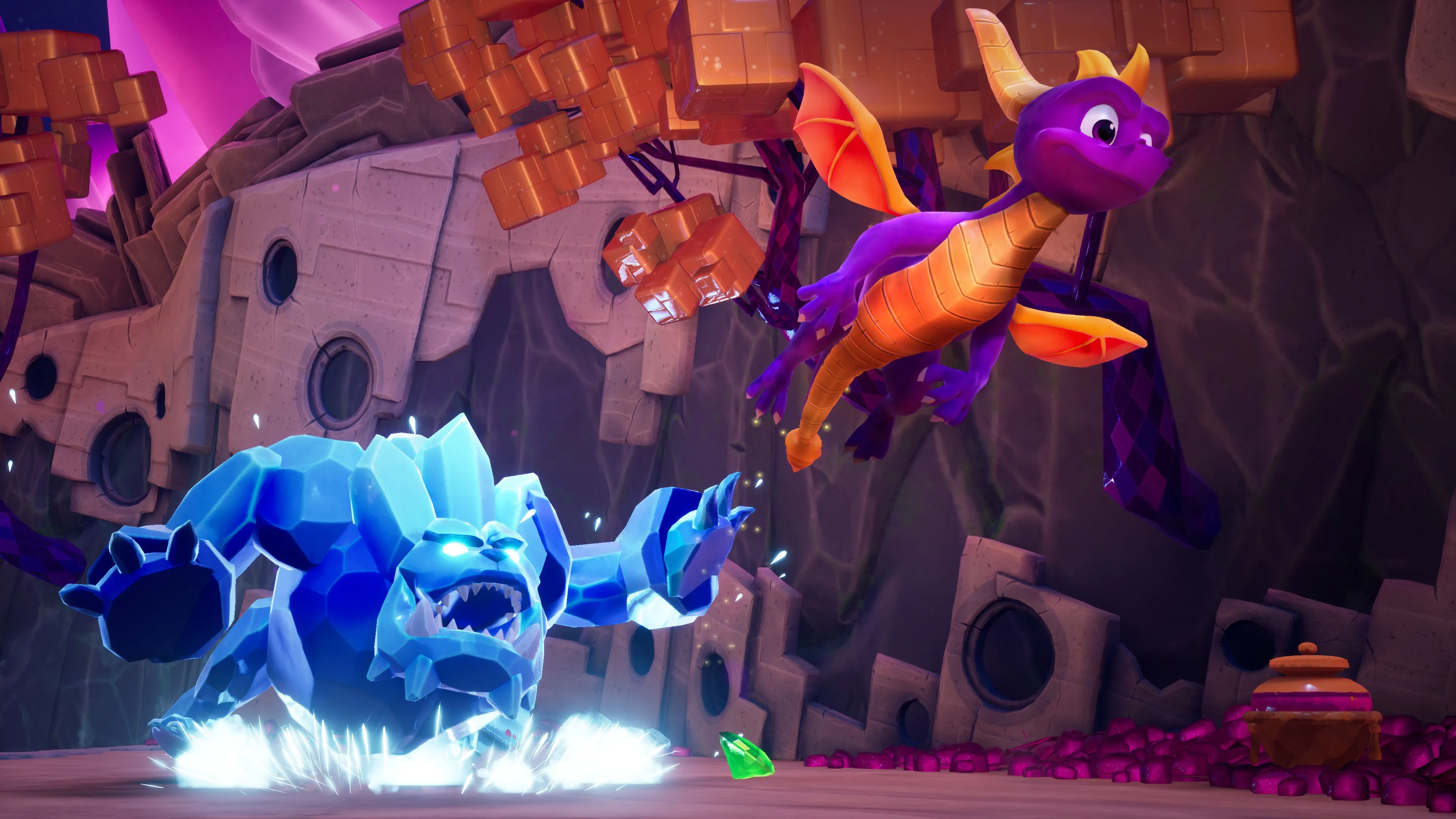 Chú rồng Spyro bay lượn trong Spyro Reignited Trilogy, một ví dụ về game remake giữ nguyên bản chất nhưng nâng cấp đáng kể về hình ảnh.