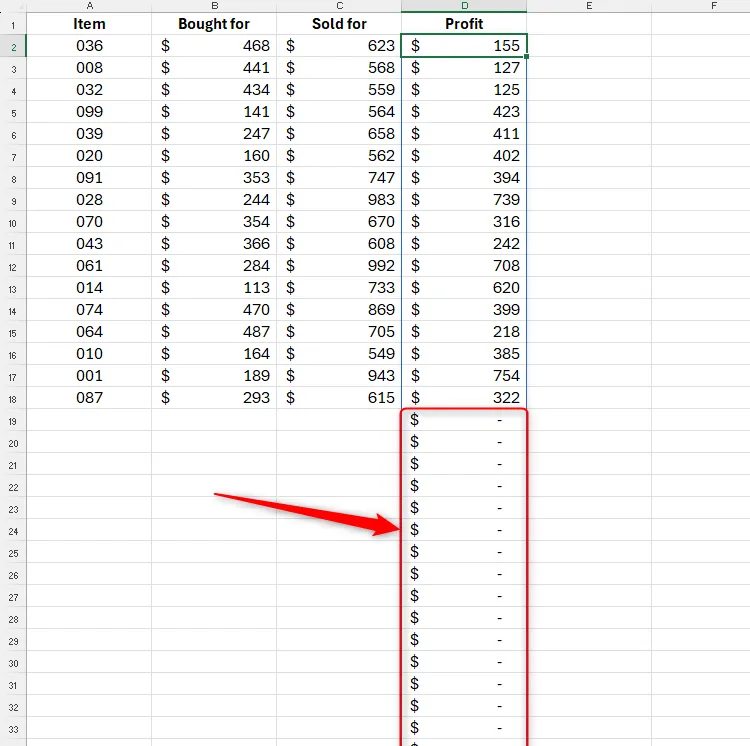 Công thức Excel bị tràn (spill) xuống các hàng trống bên dưới dữ liệu thực tế, gây lãng phí tài nguyên và làm bảng tính thiếu gọn gàng.