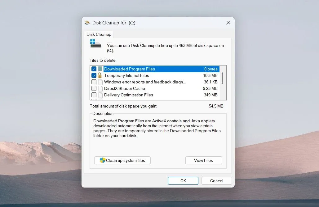 Cửa sổ Disk Cleanup trên Windows 11 giúp dọn dẹp file rác hệ thống