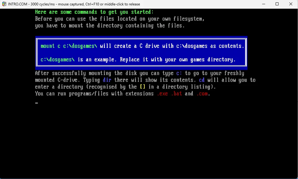 Cửa sổ DOSBox Staging hiển thị lệnh mount để tạo ổ đĩa C ảo, liên kết với thư mục game DOS trên Windows.