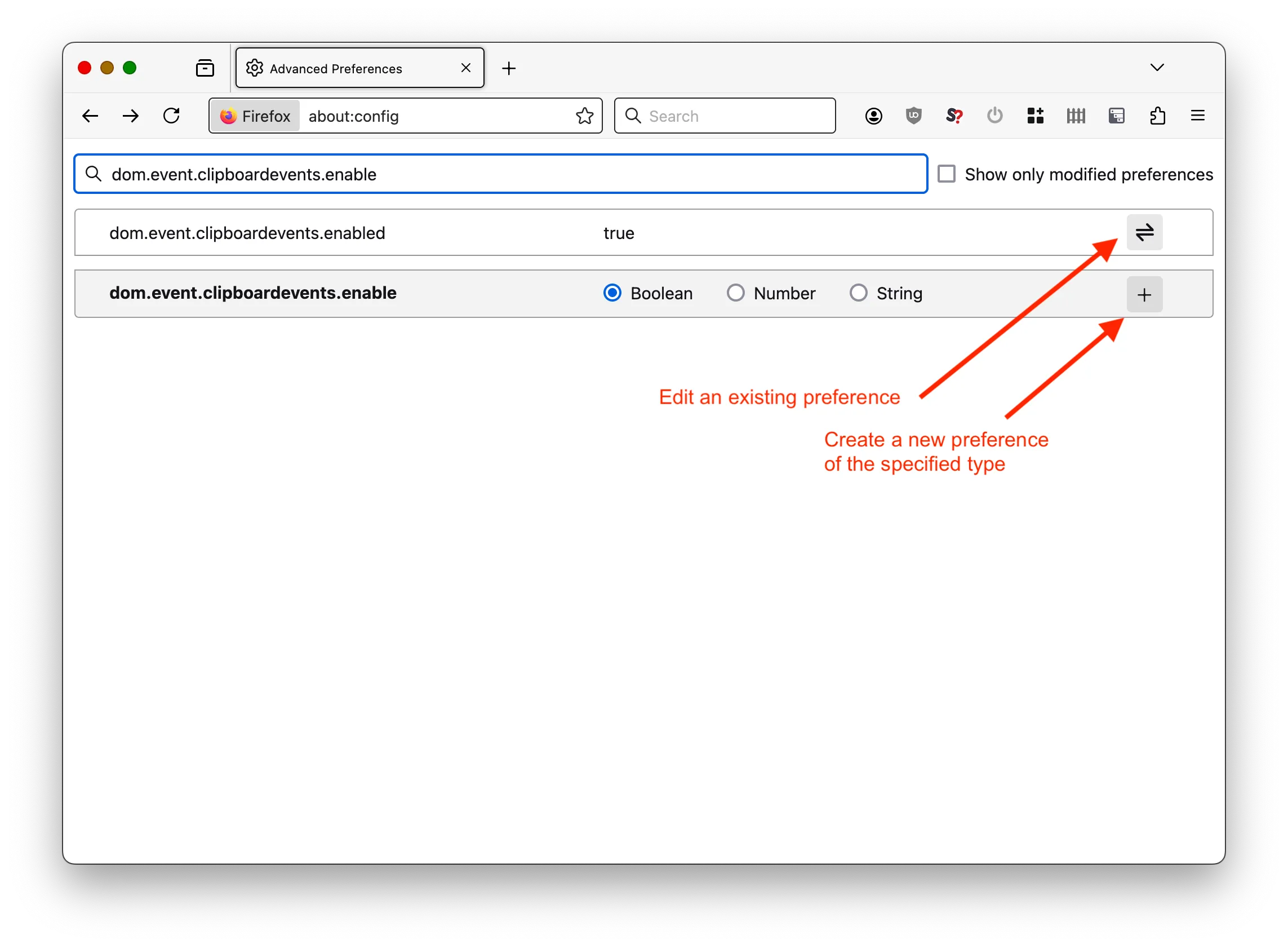 Cửa sổ hiển thị tên, kiểu dữ liệu và giá trị của một tùy chọn cài đặt trong Firefox about:config.