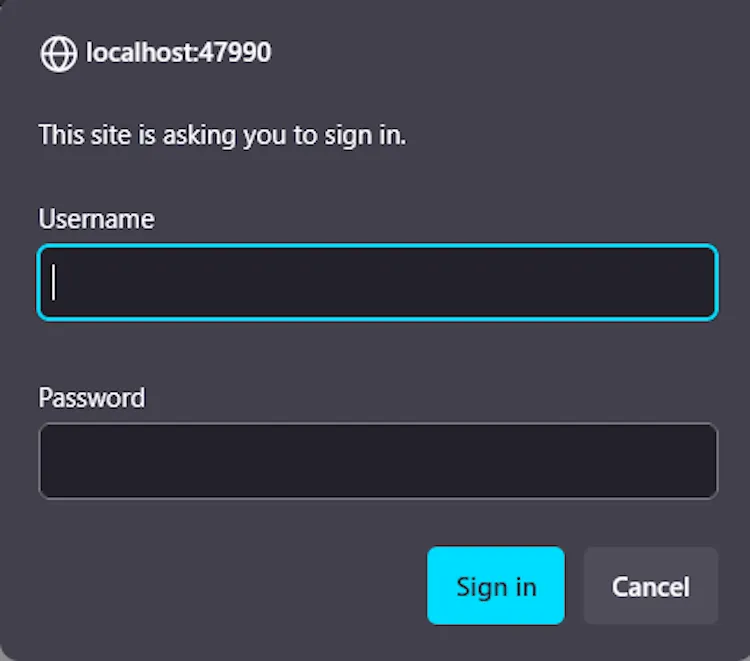 Cửa sổ nhắc đăng nhập lại trong giao diện Web UI của Sunshine.