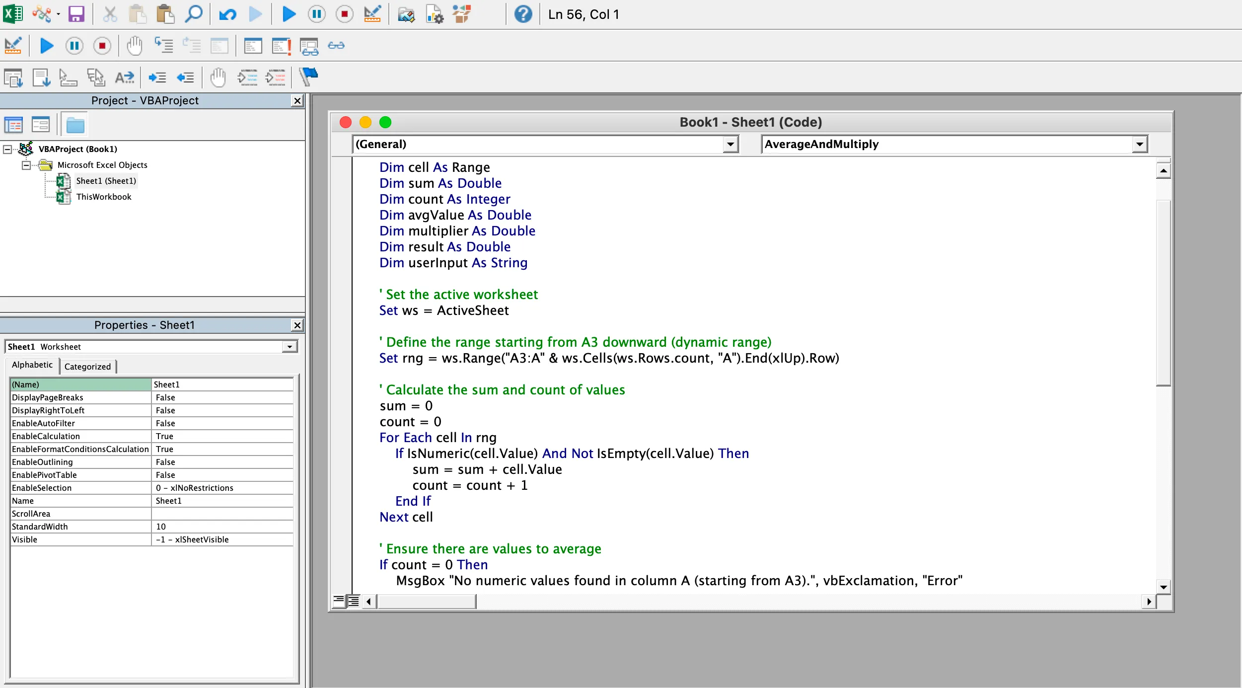 Cửa sổ Visual Basic Editor (VBA) trong Excel, nơi phát triển các macro và tự động hóa phức tạp