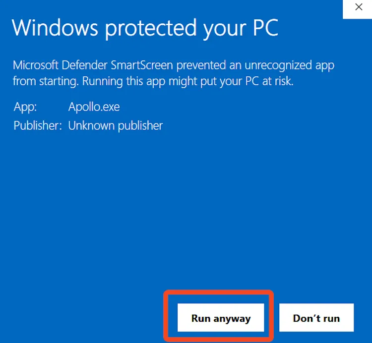 Cửa sổ Windows Defender với tùy chọn &quot;Run Anyway&quot; để tiếp tục cài đặt Sunshine.