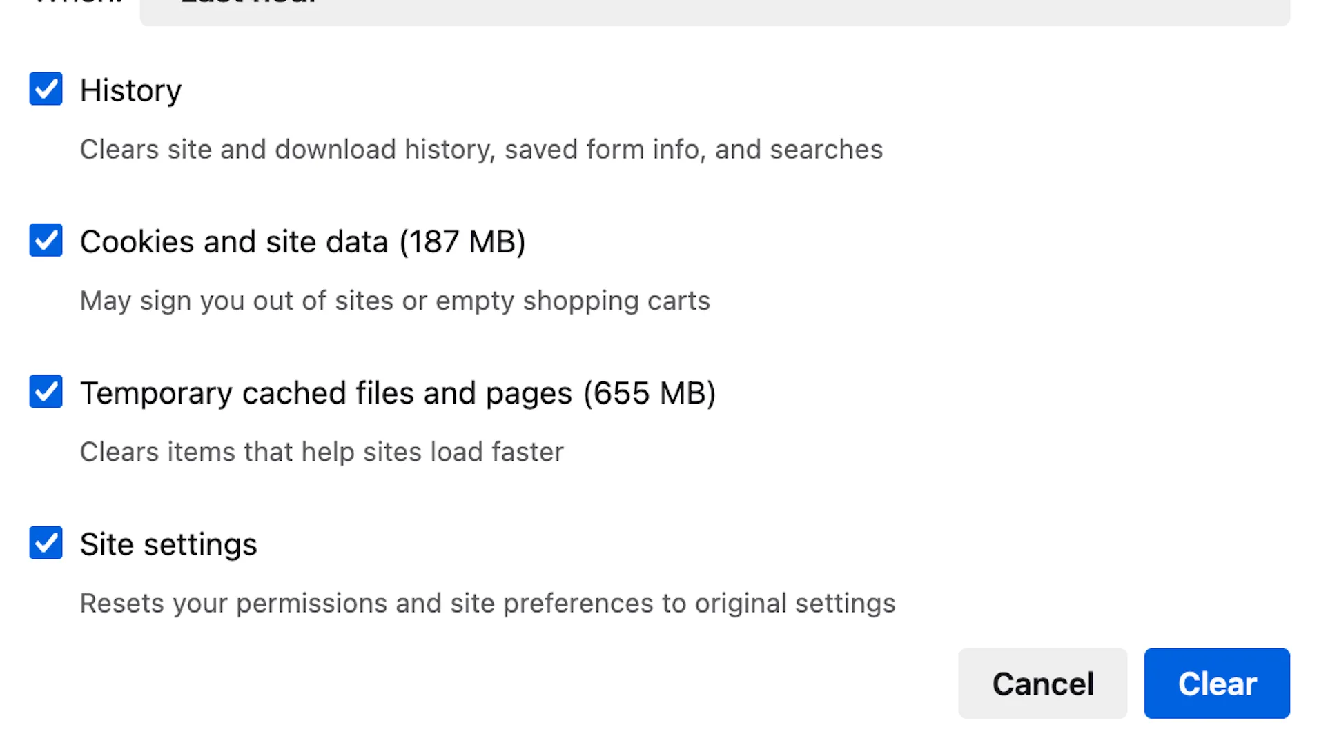 Đánh dấu chọn các loại dữ liệu duyệt web như lịch sử, cookie, cache để xóa hàng loạt trong Firefox