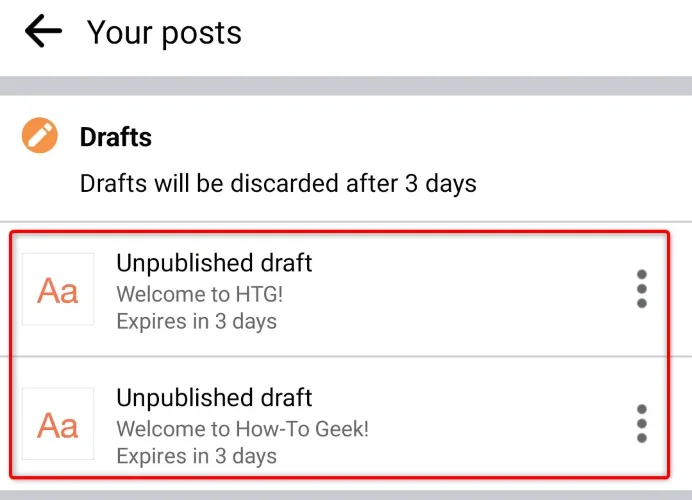 Danh sách các bài nháp Facebook đã lưu trong mục &quot;Bài viết của bạn&quot;
