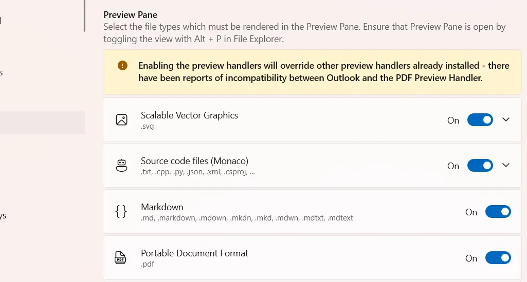 Danh sách các định dạng tệp mới được PowerToys hỗ trợ xem trước trong File Explorer