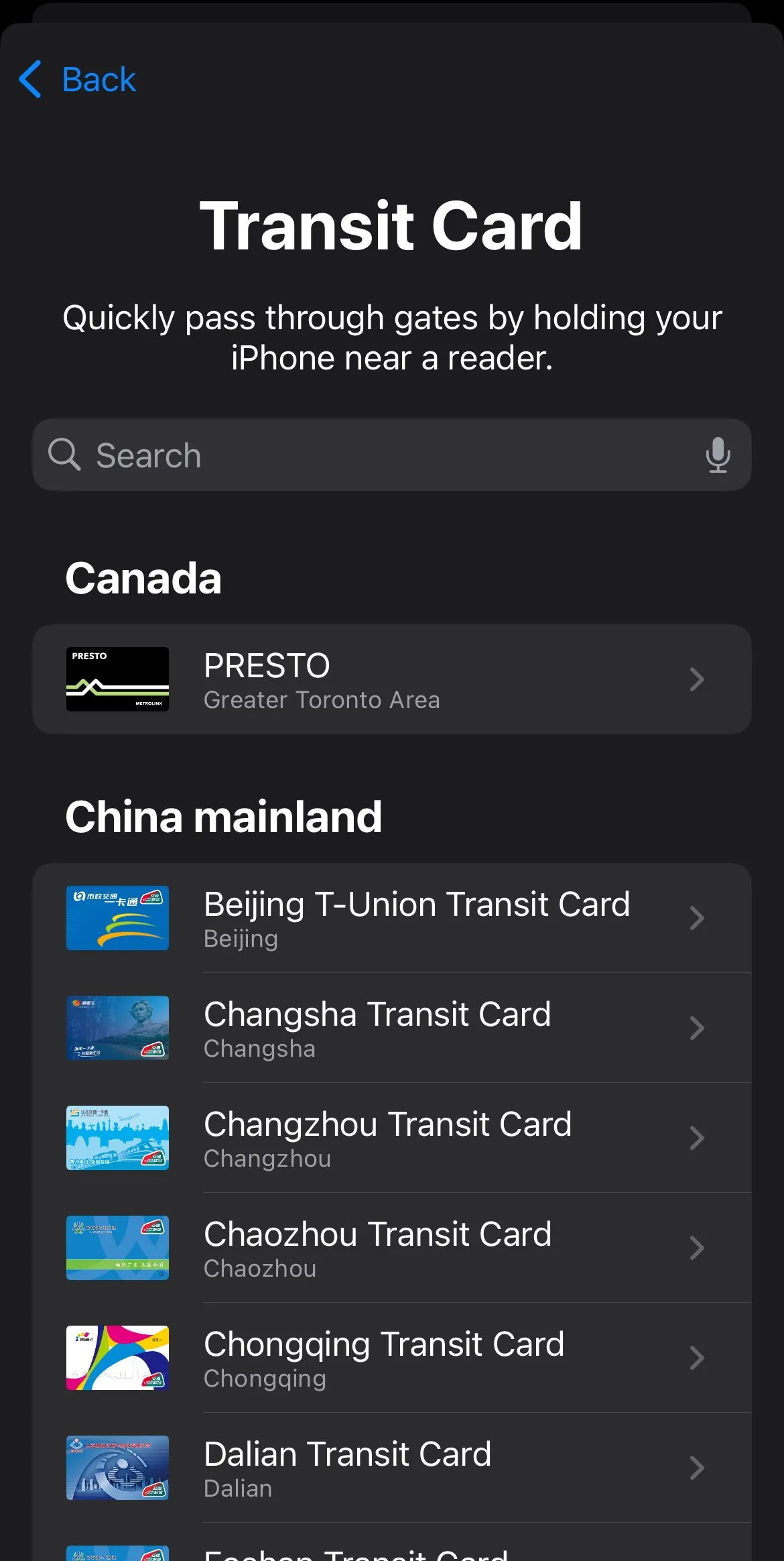 Danh sách các loại thẻ giao thông công cộng được hỗ trợ trong ứng dụng Apple Wallet