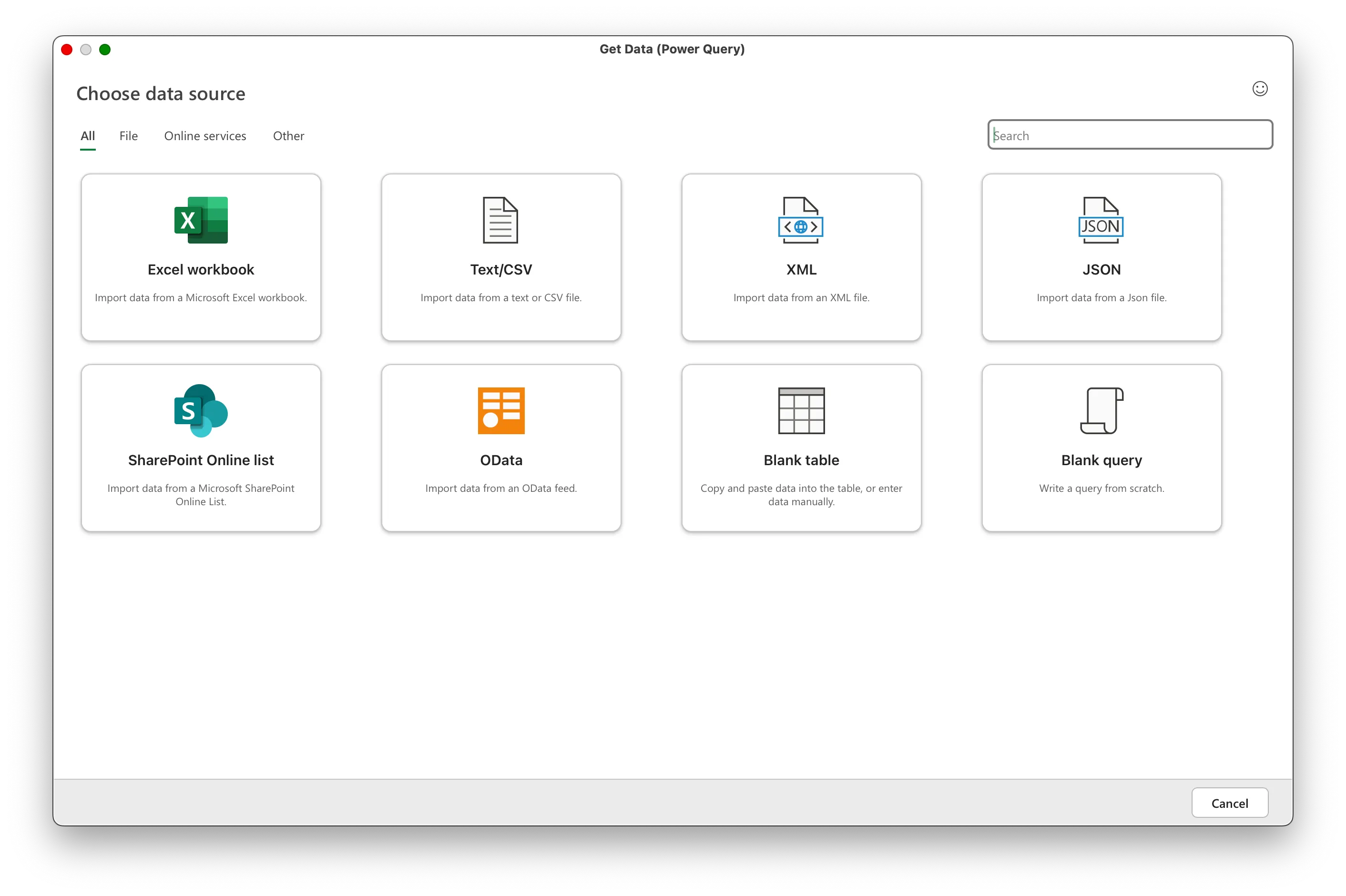 Danh sách các nguồn dữ liệu đa dạng mà Power Query trong Excel có thể kết nối và truy xuất