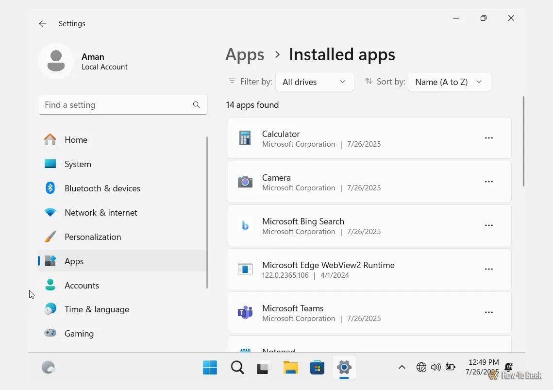 Danh sách các ứng dụng được cài đặt sẵn trên Windows 11 sau khi sử dụng Tiny11.