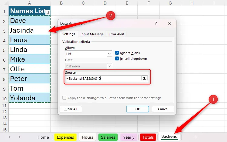 Danh sách tên từ một bảng được chọn làm nguồn dữ liệu cho quy tắc Data Validation trong Excel, đảm bảo tính nhất quán.