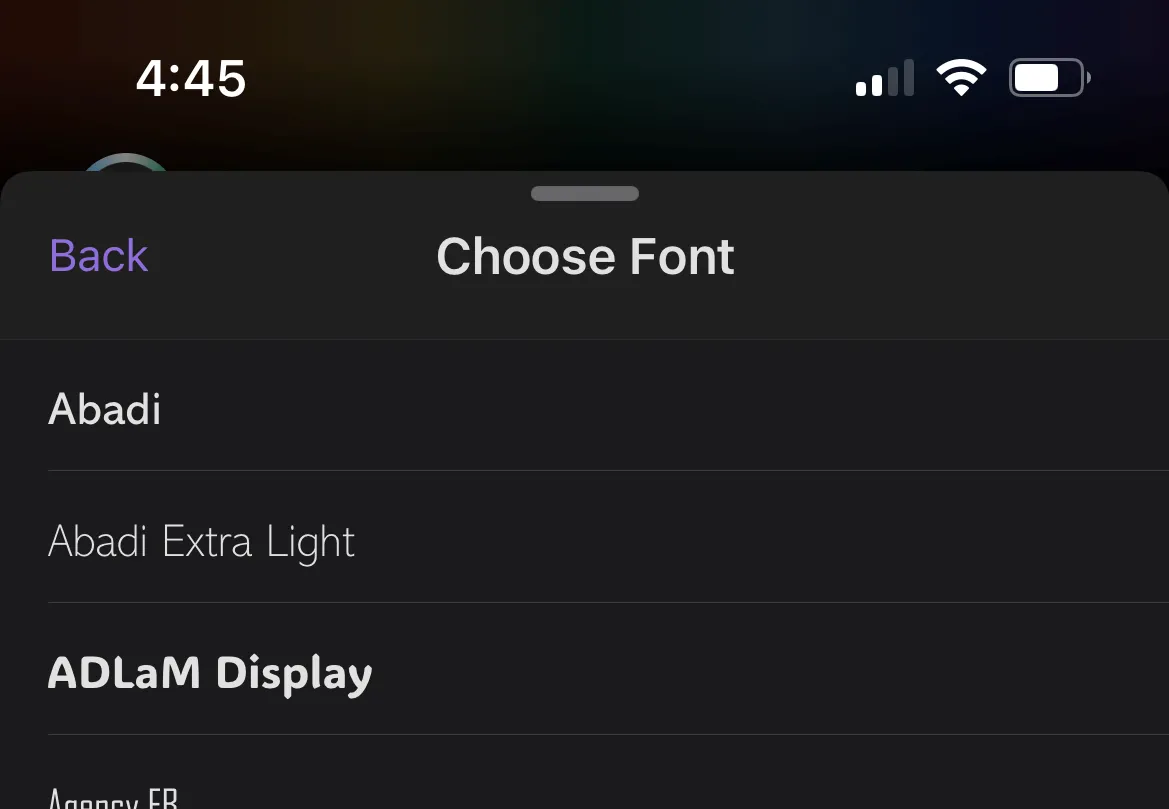 Danh sách và xem trước font chữ trong ứng dụng Outlook cho iOS và Android.