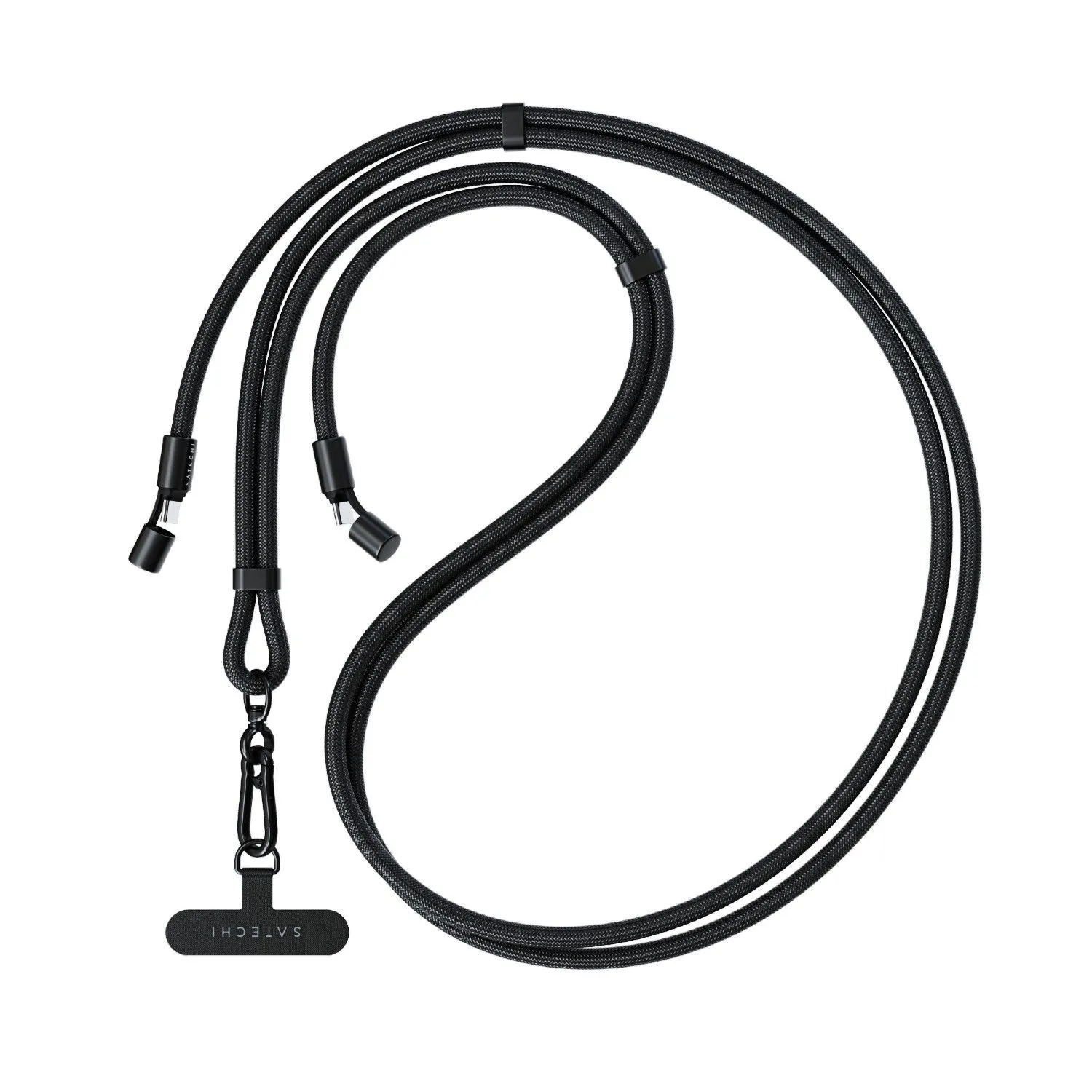 Dây đeo cổ Satechi OntheGo USB-C màu đen với thiết kế bện và nắp bảo vệ đầu cắm, đặt trên nền trắng