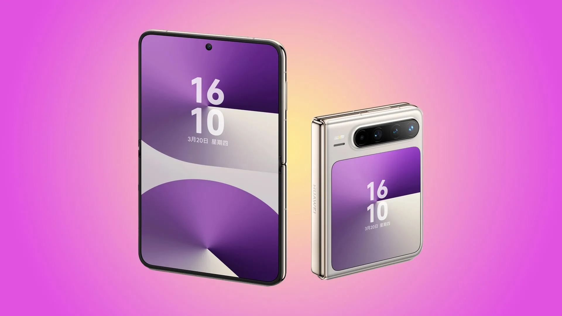 Điện thoại gập Huawei Pura X Flip màu xanh lá cây với màn hình phụ hình tròn lớn độc đáo, đang mở ra.