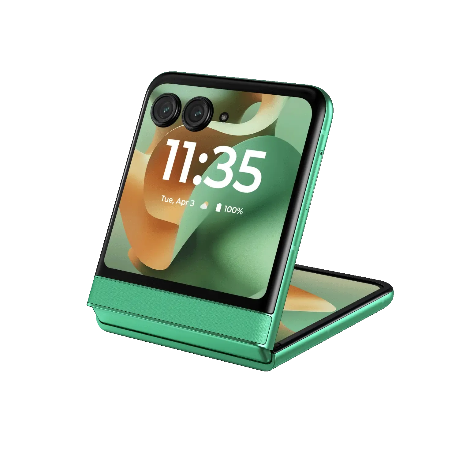 Điện thoại gập Motorola Razr 2025 màu xanh ngọc, thể hiện thiết kế vỏ sò sang trọng và nhỏ gọn