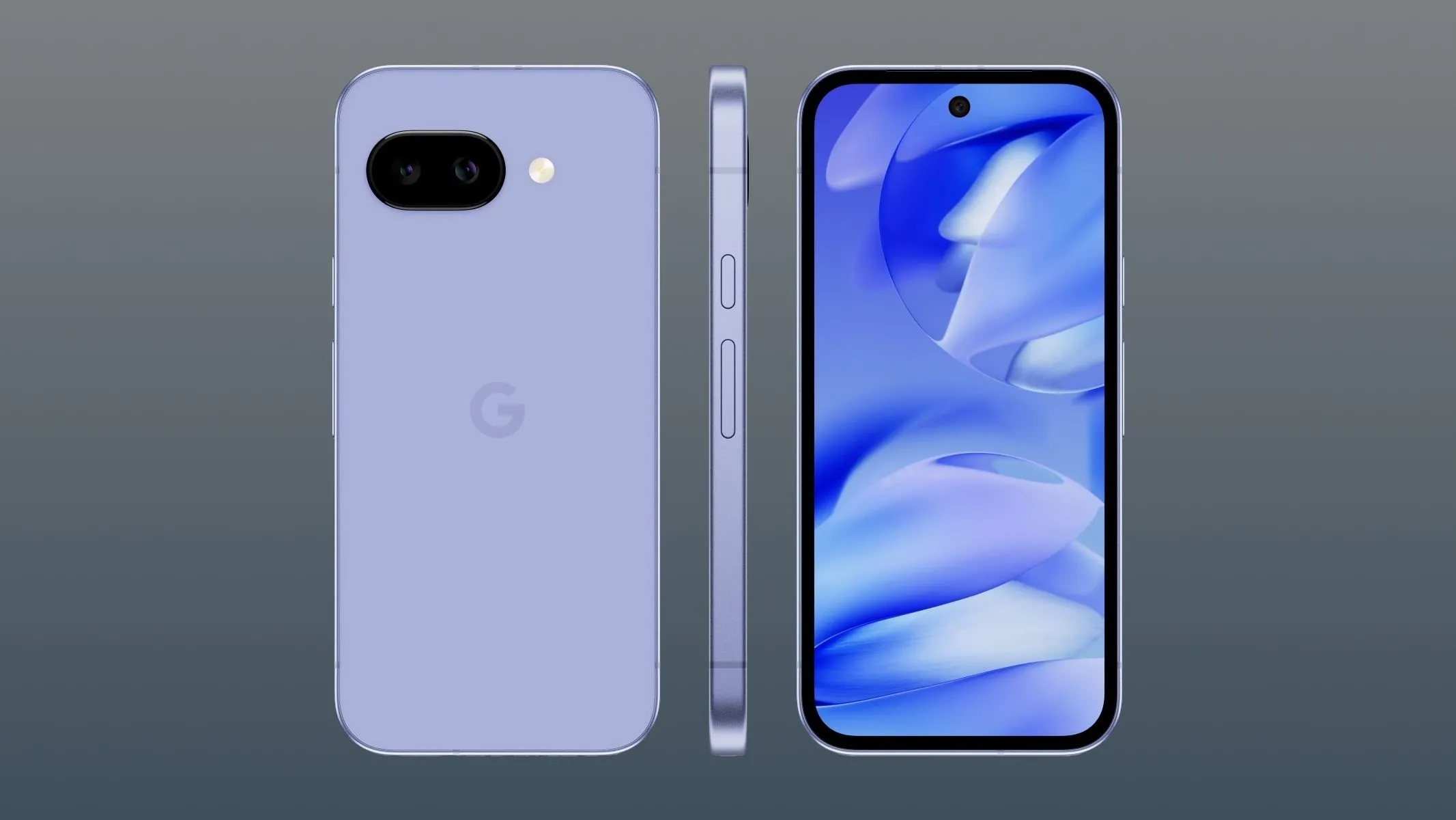 Điện thoại Google Pixel 9a hiển thị màn hình và mặt lưng với thiết kế tối giản