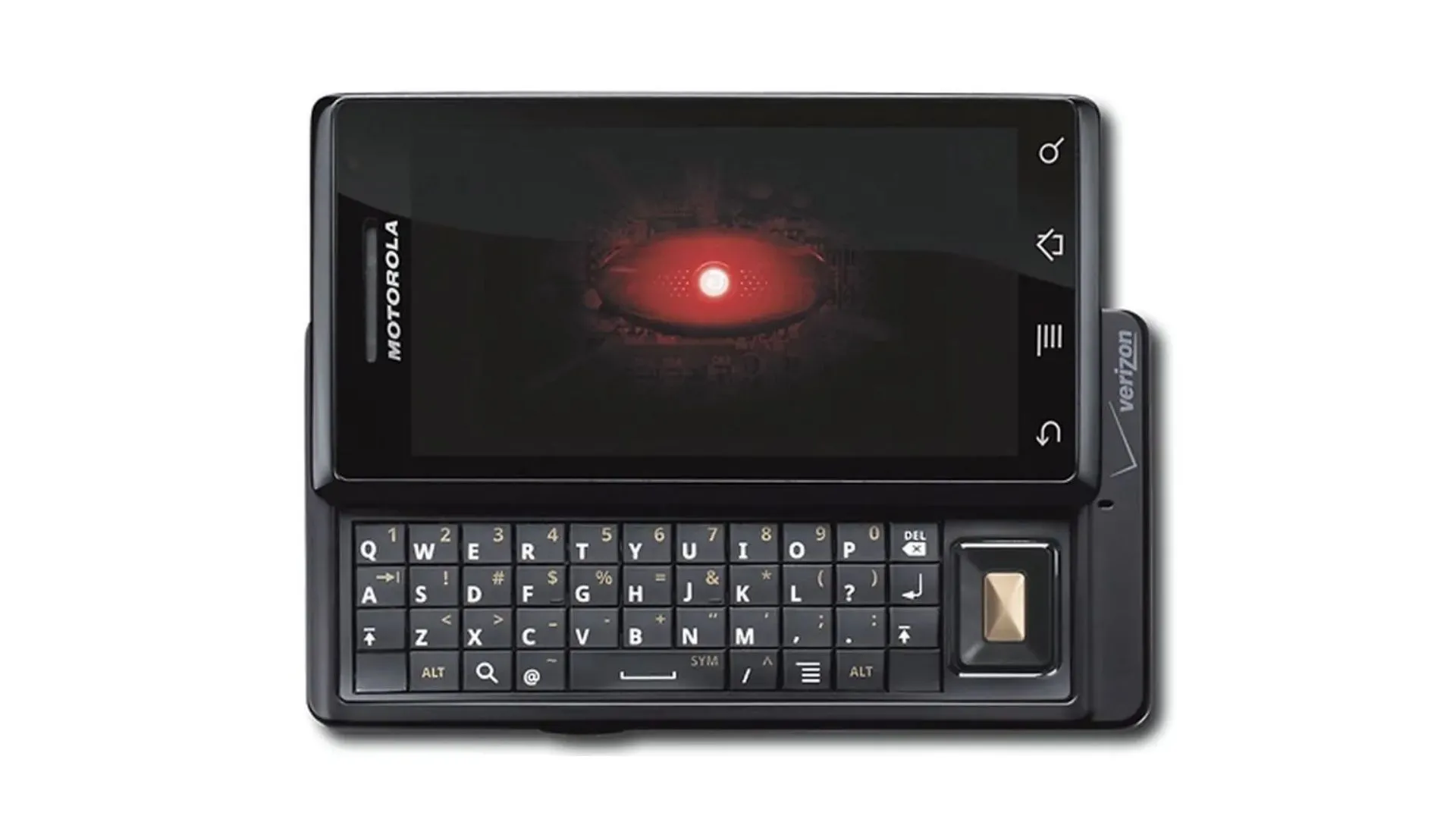 Điện thoại Motorola Droid màu đen, một trong những smartphone Android đầu tiên của Motorola hợp tác với Verizon, nổi bật với thiết kế chắc chắn và bàn phím vật lý.