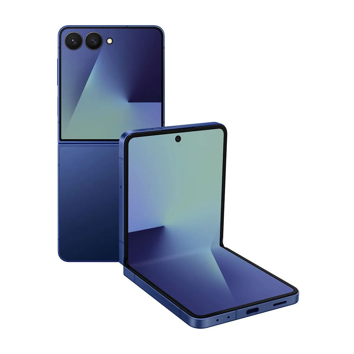 Điện thoại Samsung Galaxy Z Flip 7 màu đen đang gập lại, hiển thị màn hình FlexWindow với các widget thông minh