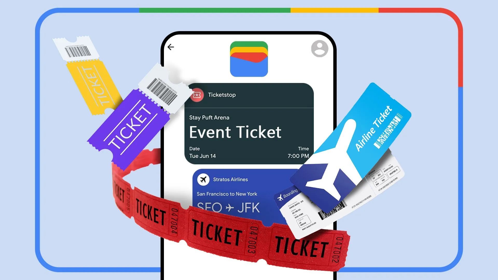Điện thoại thông minh hiển thị ứng dụng Google Wallet với nhiều loại thẻ và vé xung quanh, minh họa tính năng tạo thẻ tùy chỉnh.