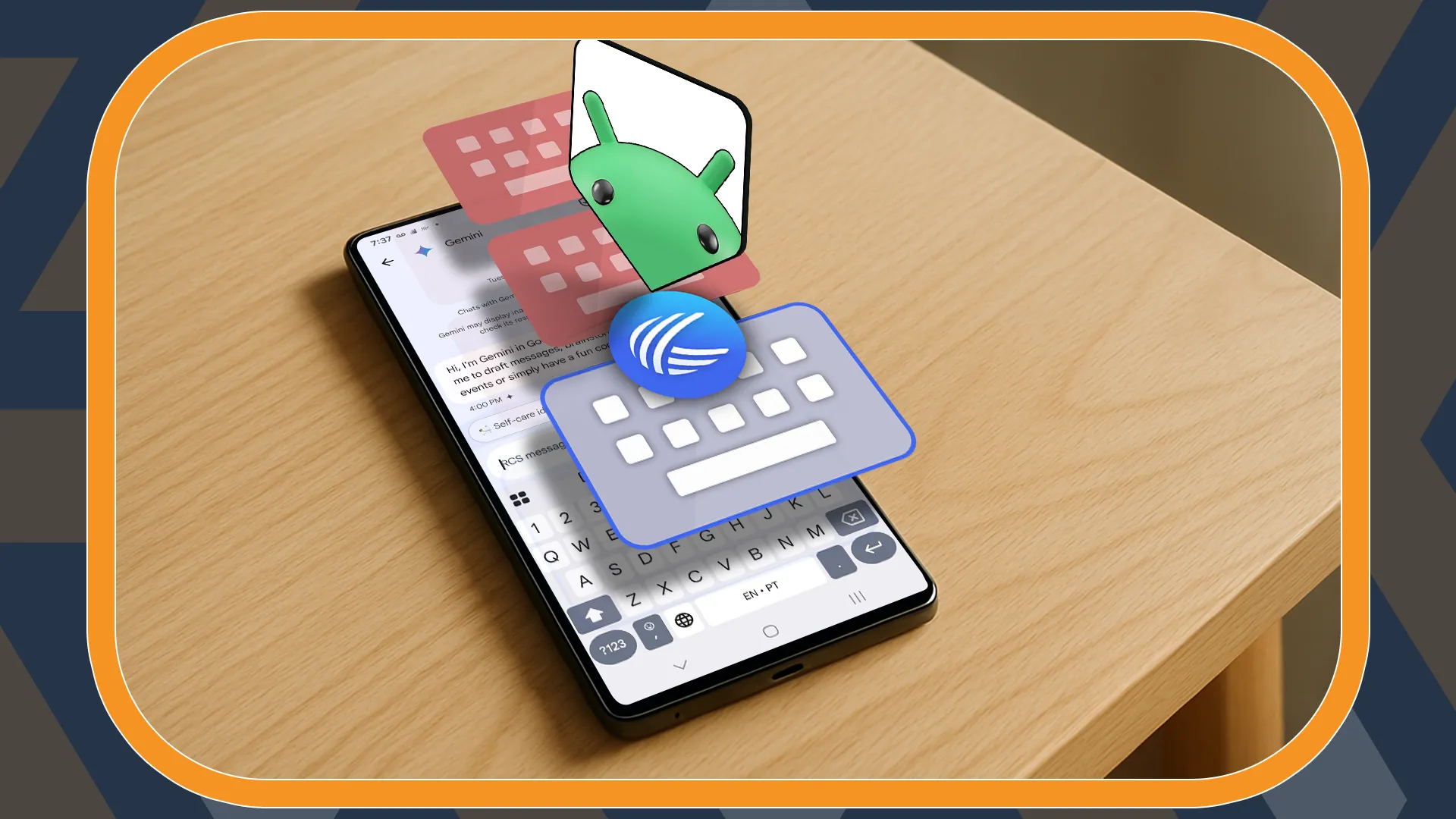Điện thoại thông minh với nhiều biểu tượng bàn phím nổi trên màn hình và linh vật Android ở giữa, đại diện cho việc thử nghiệm các bàn phím Android.