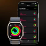 Đồng hồ Apple Watch và iPhone hiển thị ứng dụng Fitness, minh họa tính năng theo dõi và chia sẻ hoạt động thể chất.