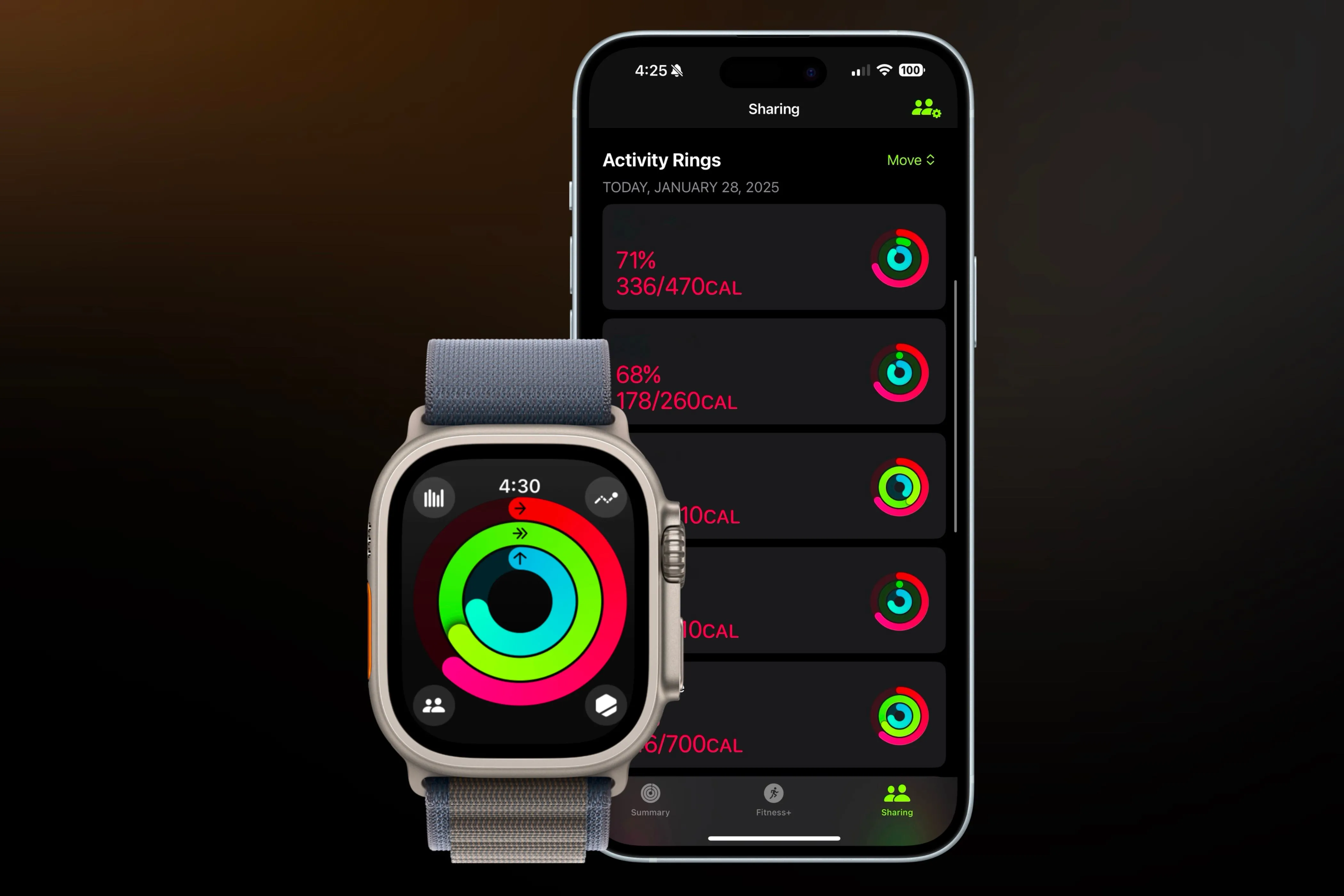 Đồng hồ Apple Watch và iPhone hiển thị ứng dụng Fitness, minh họa tính năng theo dõi và chia sẻ hoạt động thể chất.