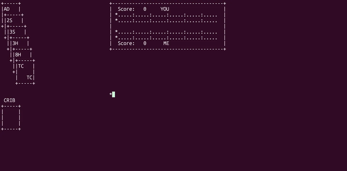 Game bài Cribbage đang được chơi với máy tính trên terminal Linux.